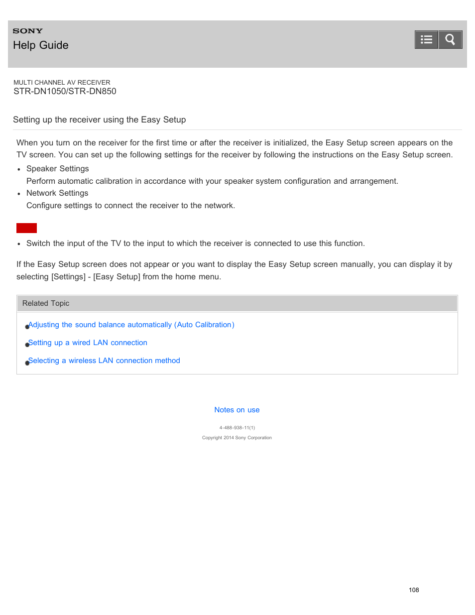 Setting up the receiver using the easy setup, Help guide | Sony STR-DN1050 User Manual | Page 119 / 379