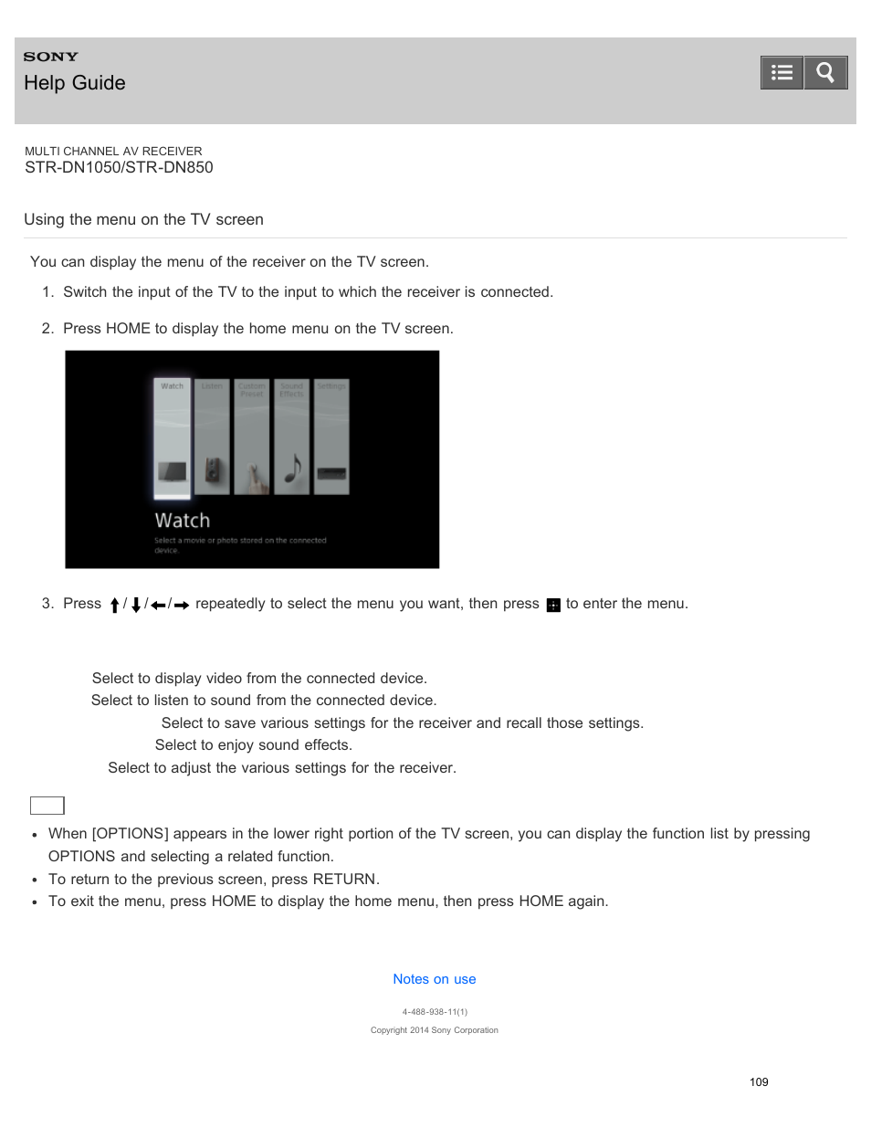 Using the menu on the tv screen, Help guide | Sony STR-DN1050 User Manual | Page 120 / 379