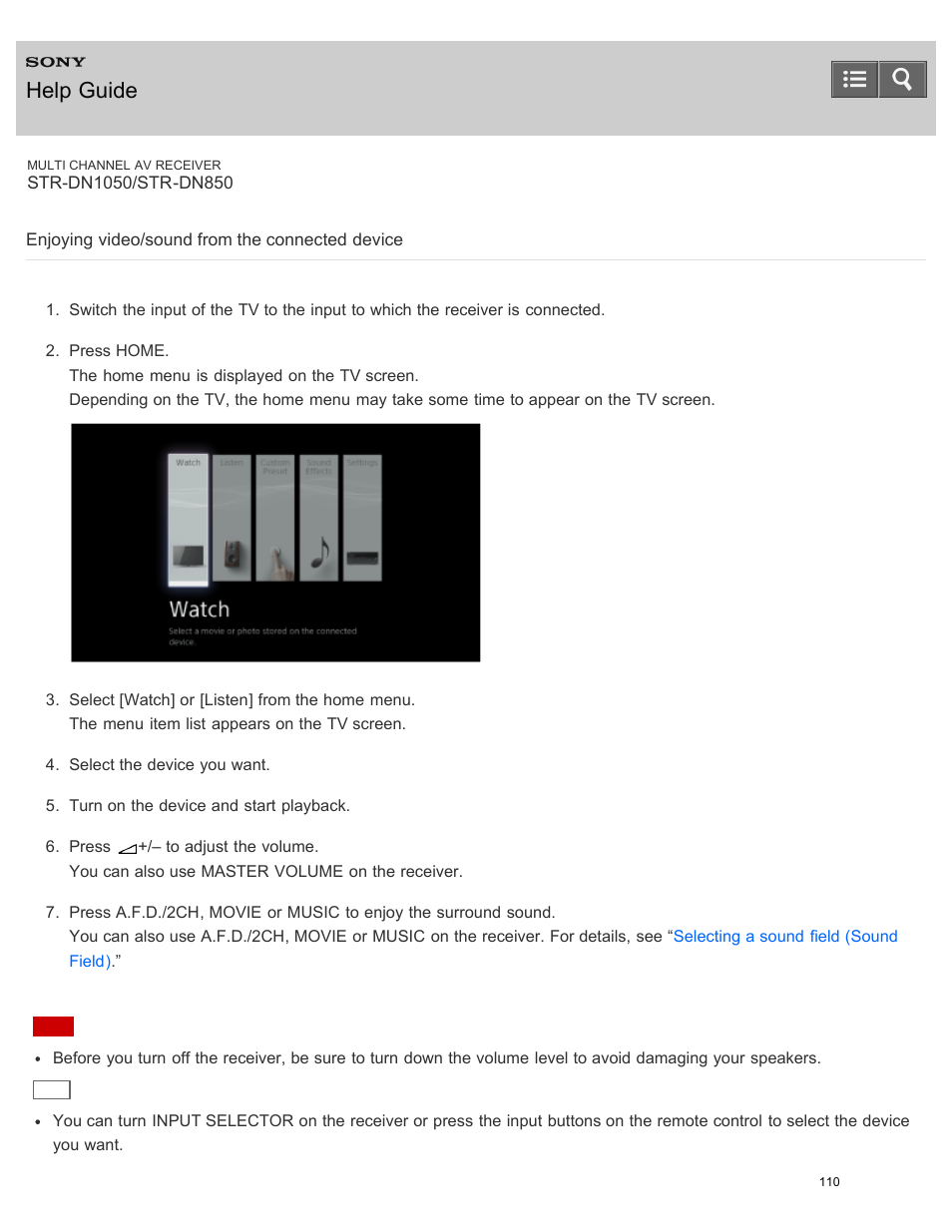 Enjoying video/sound from the connected device, Help guide | Sony STR-DN1050 User Manual | Page 121 / 379