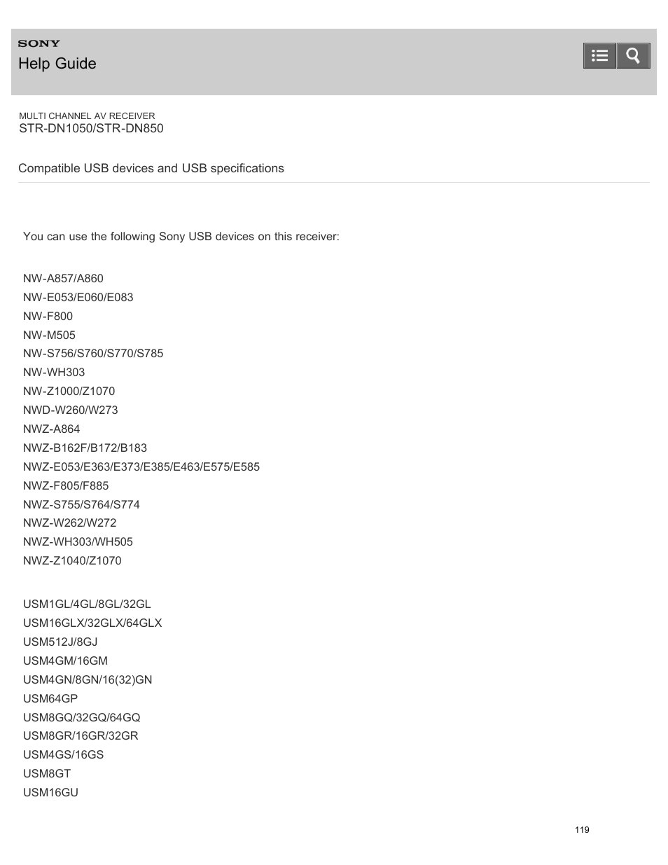 Compatible usb devices and usb specifications, Help guide | Sony STR-DN1050 User Manual | Page 130 / 379