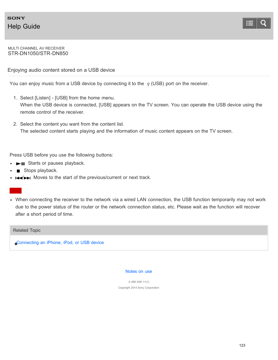 Enjoying audio content stored on a usb device, Help guide | Sony STR-DN1050 User Manual | Page 134 / 379