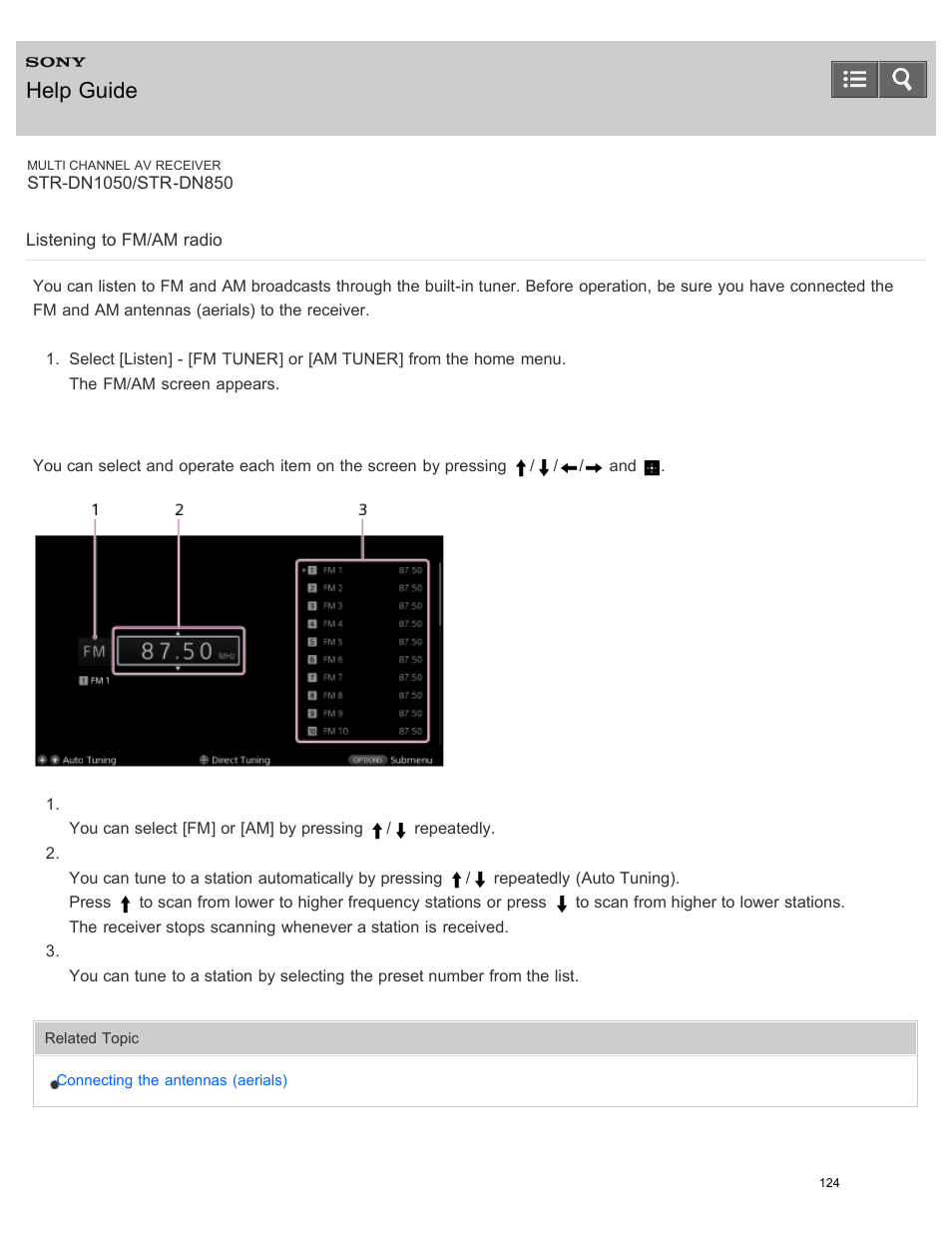 Listening to fm/am radio, Help guide | Sony STR-DN1050 User Manual | Page 135 / 379