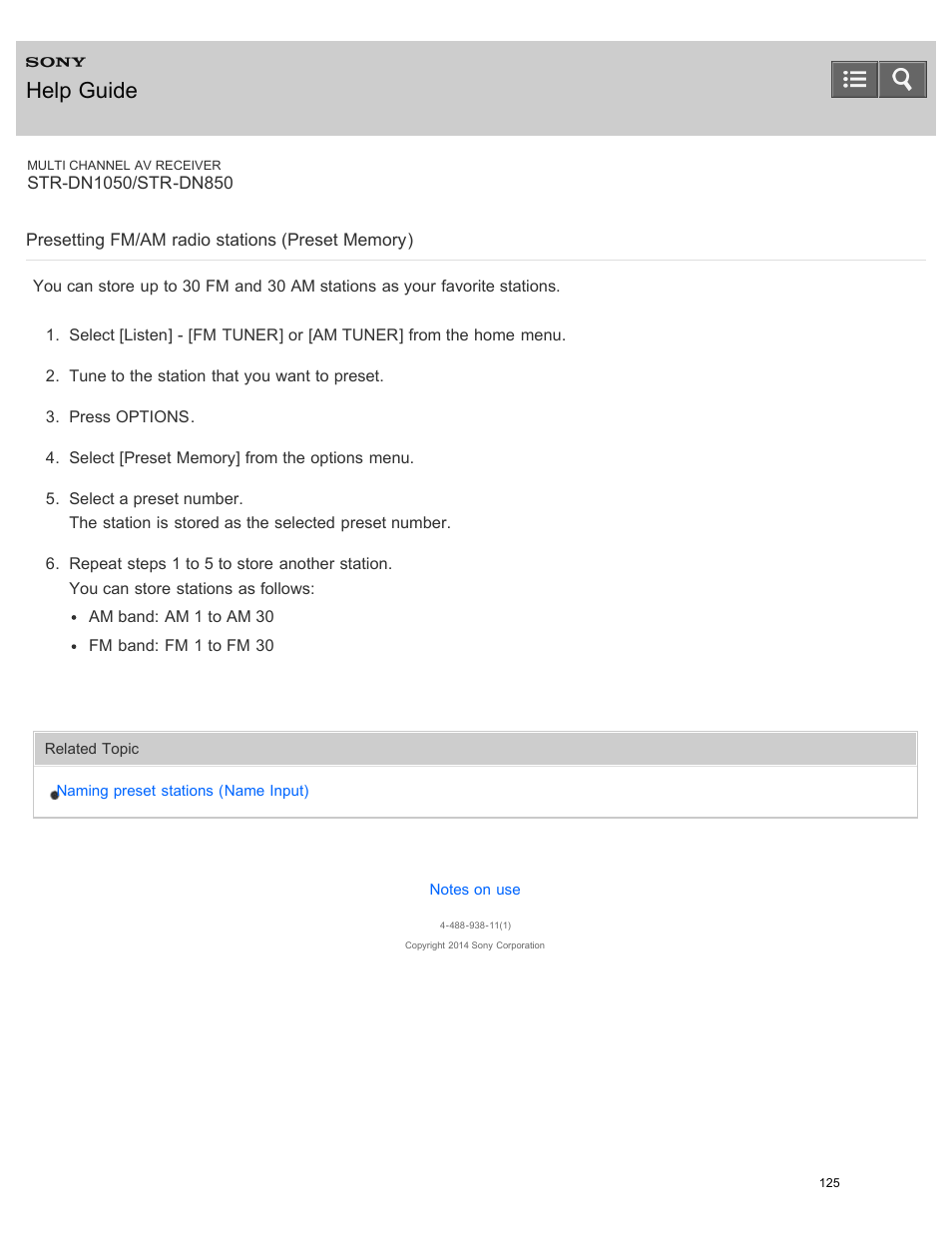 Presetting fm/am radio stations (preset memory), Help guide | Sony STR-DN1050 User Manual | Page 136 / 379