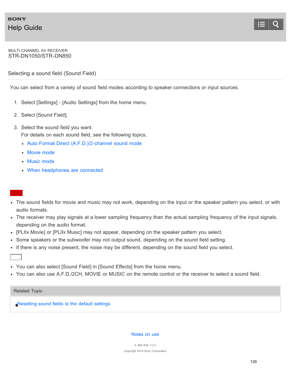 Selecting a sound field (sound field), Help guide | Sony STR-DN1050 User Manual | Page 140 / 379