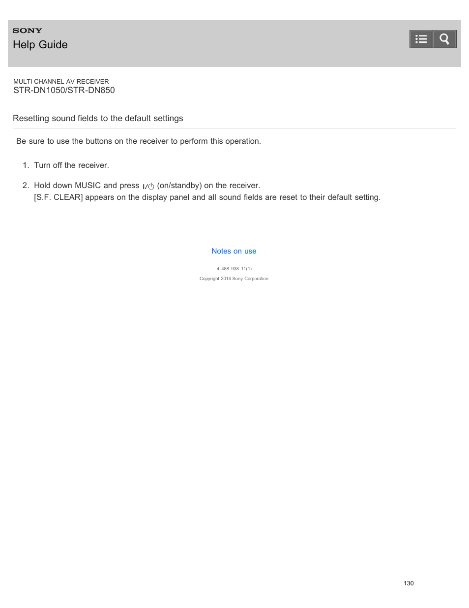 Resetting sound fields to the default settings, Help guide | Sony STR-DN1050 User Manual | Page 141 / 379