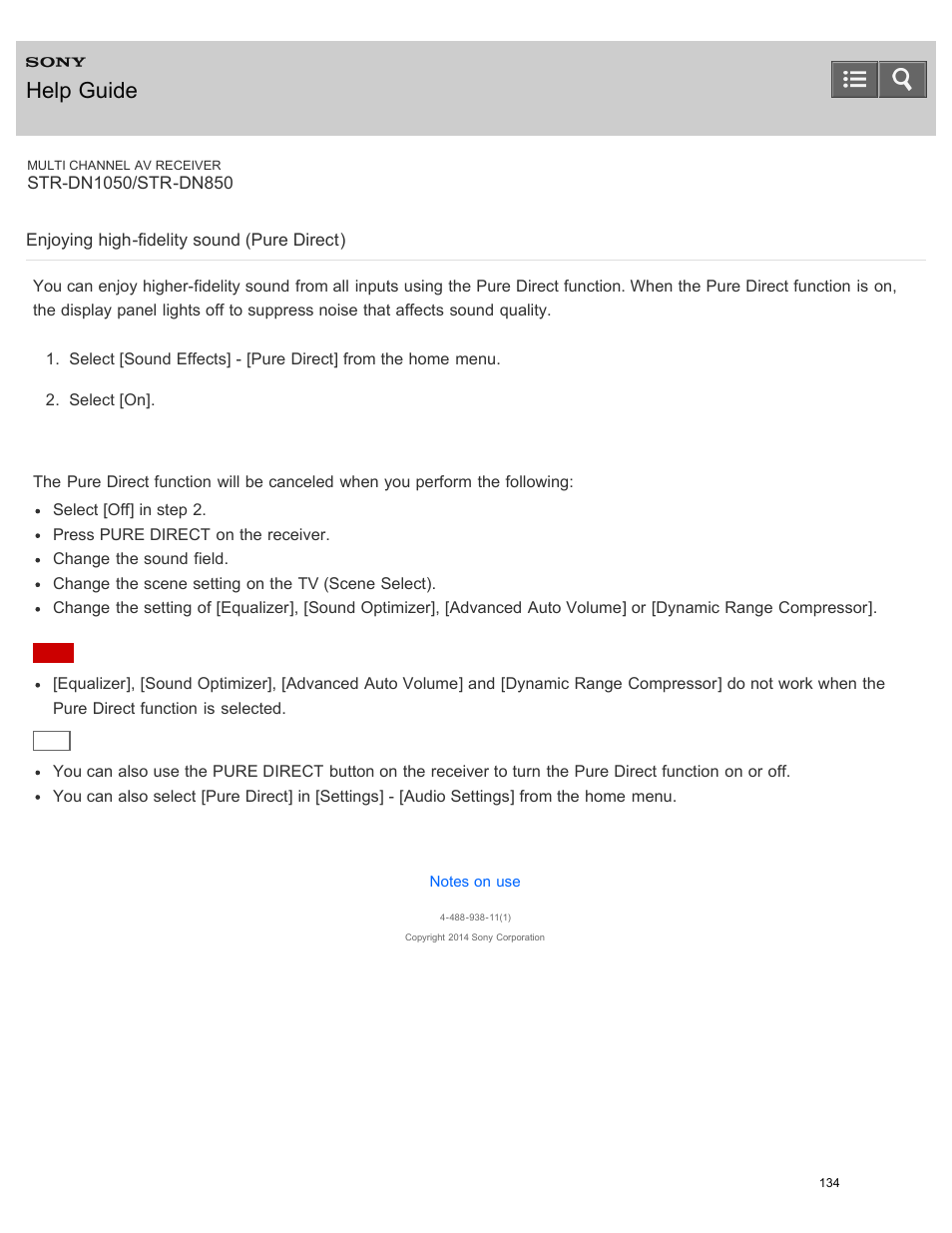 Enjoying high-fidelity sound (pure direct), Help guide | Sony STR-DN1050 User Manual | Page 145 / 379