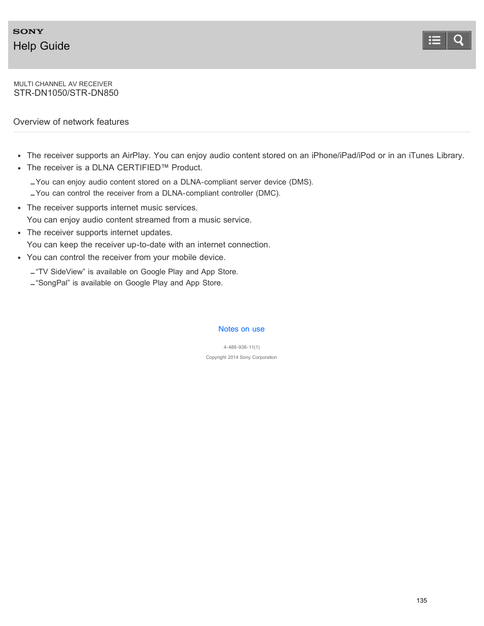 Overview of network features, Help guide | Sony STR-DN1050 User Manual | Page 146 / 379