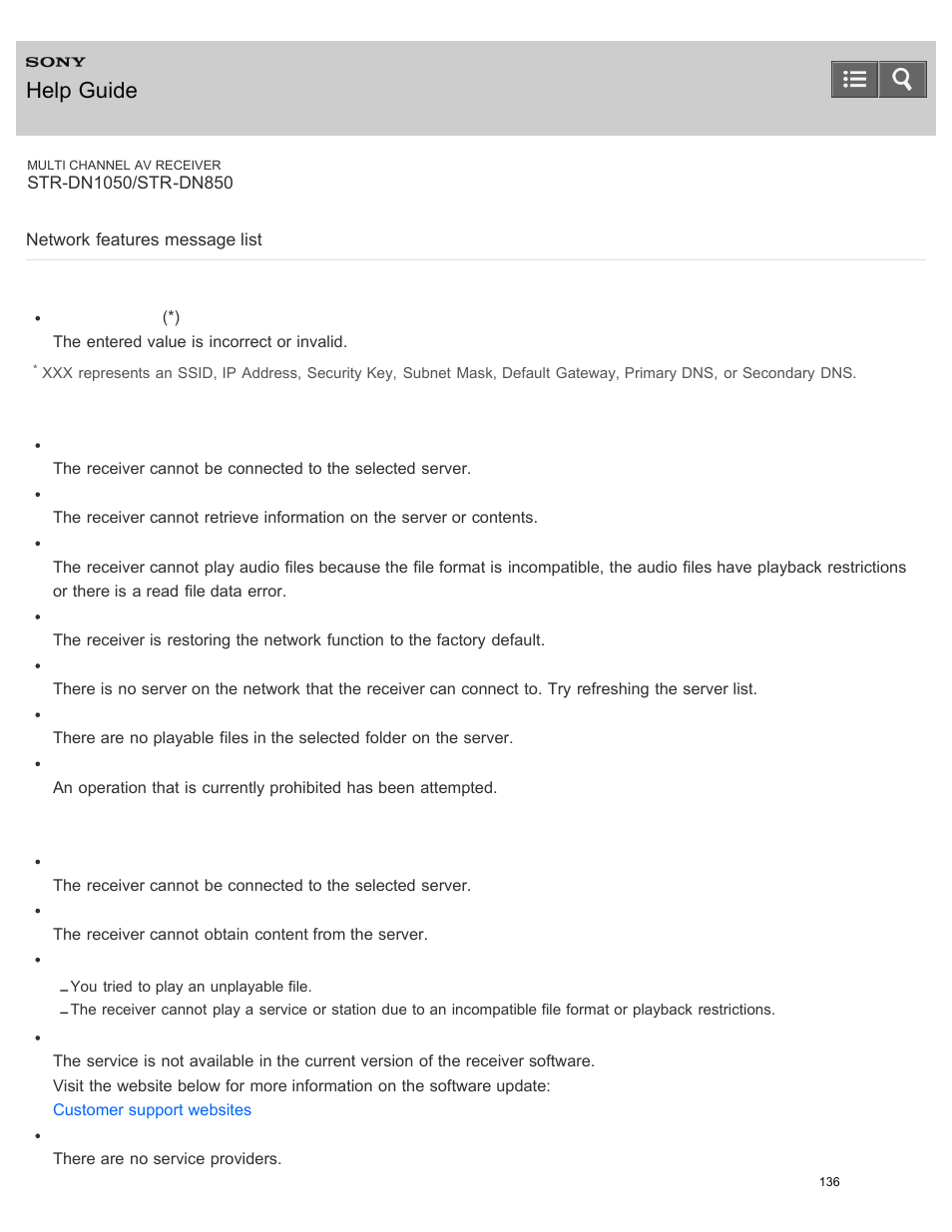 Network features message list, Help guide | Sony STR-DN1050 User Manual | Page 147 / 379