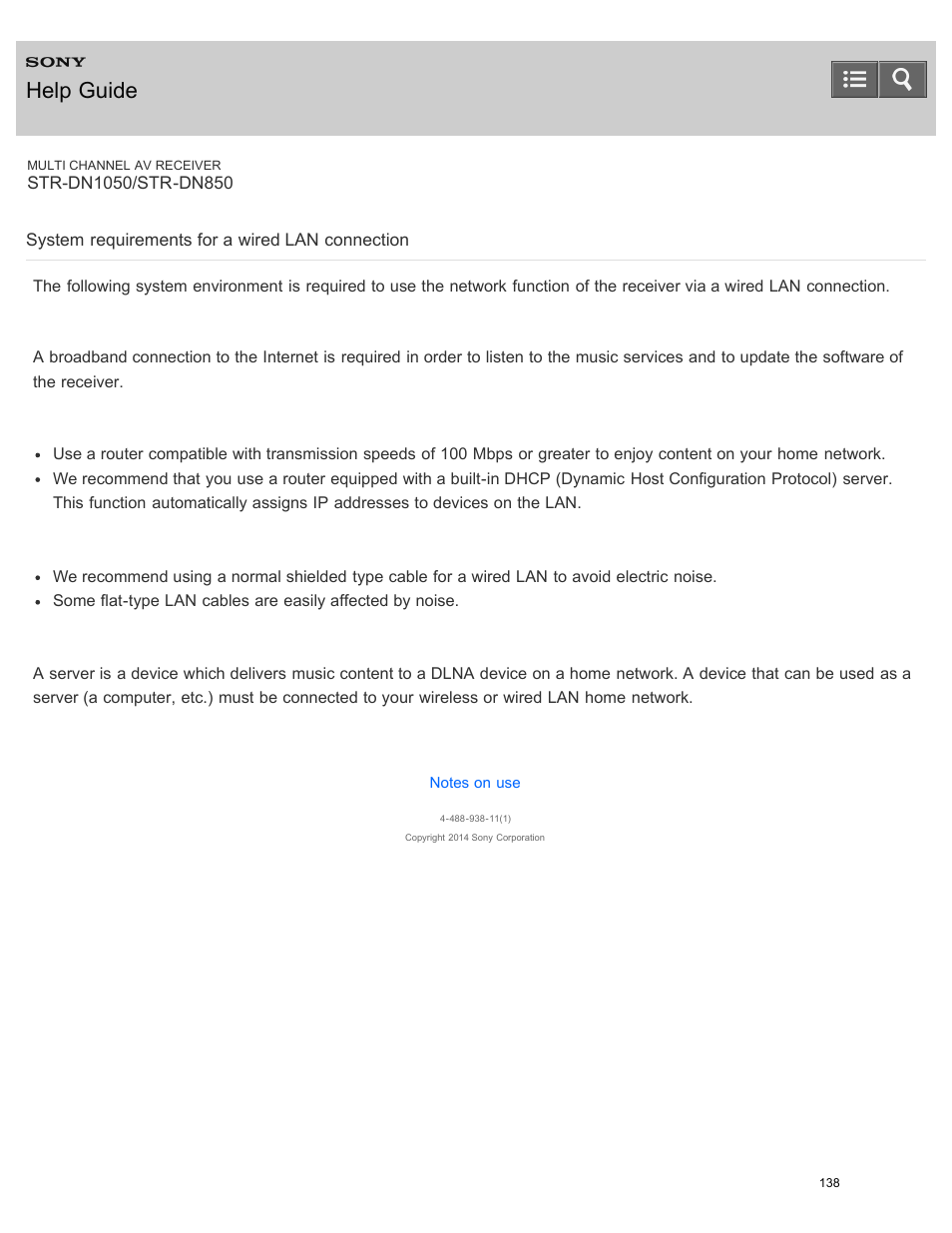 System requirements for a wired lan connection, Help guide | Sony STR-DN1050 User Manual | Page 149 / 379