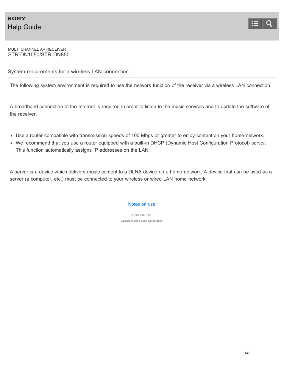 System requirements for a wireless lan connection, Help guide | Sony STR-DN1050 User Manual | Page 151 / 379