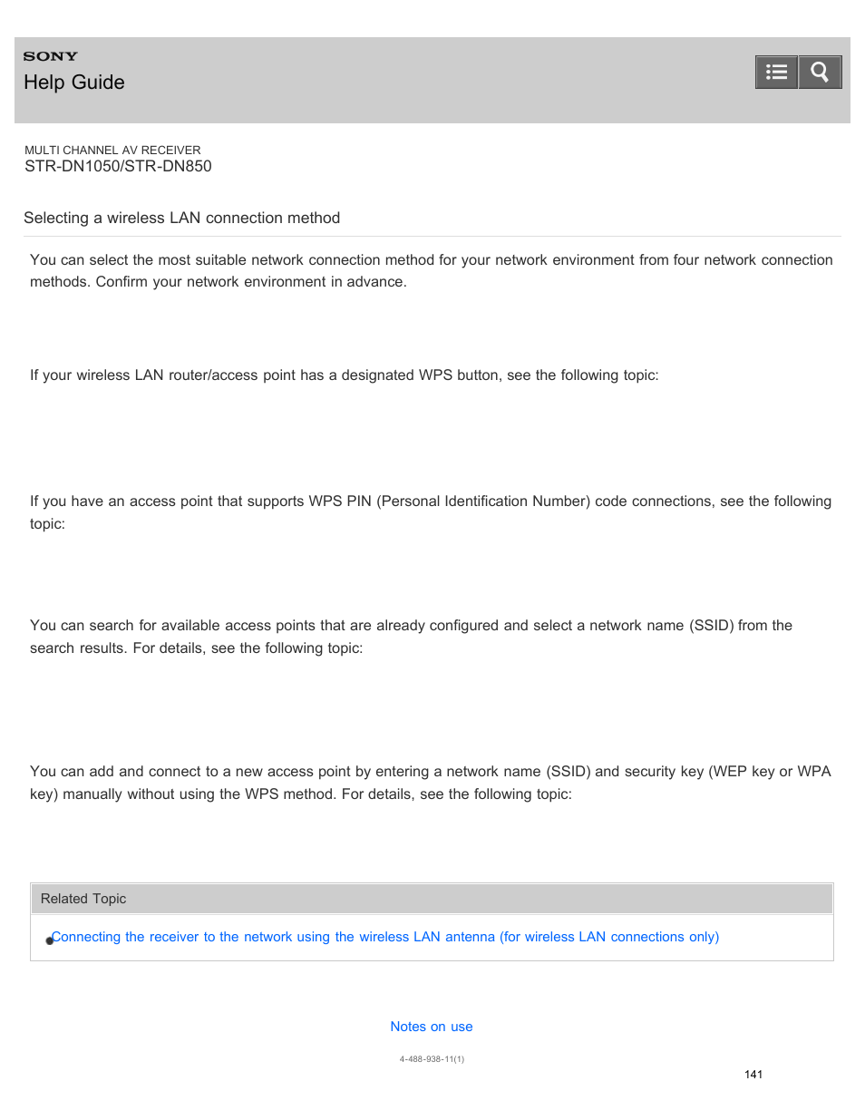 Selecting a wireless lan connection method, Help guide | Sony STR-DN1050 User Manual | Page 152 / 379