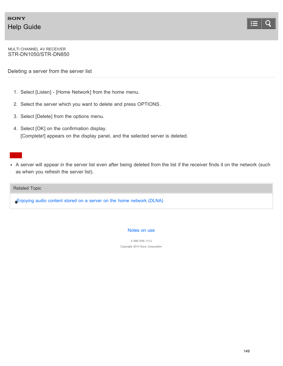 Deleting a server from the server list, Help guide | Sony STR-DN1050 User Manual | Page 160 / 379