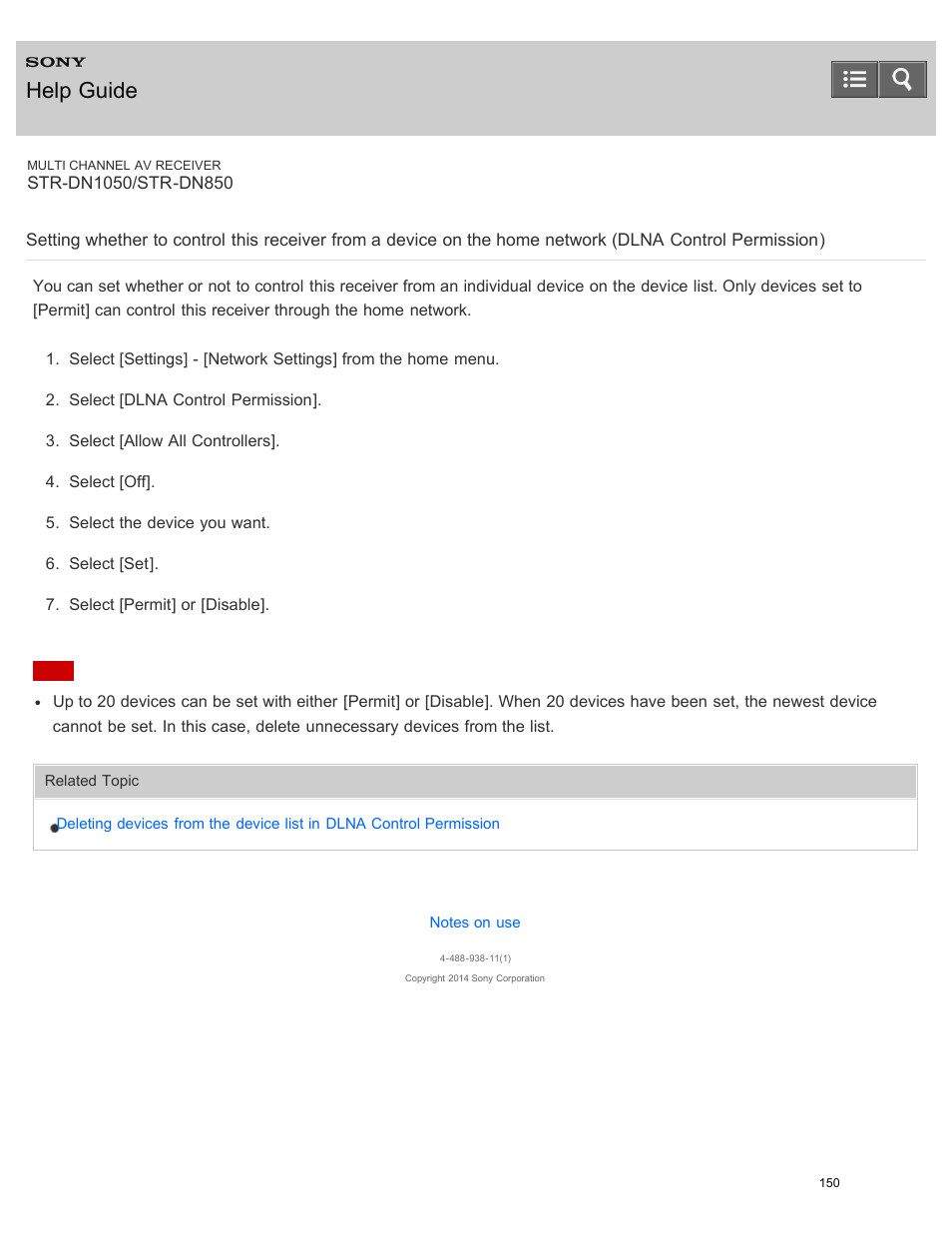 Network (dlna control permission), Help guide | Sony STR-DN1050 User Manual | Page 161 / 379