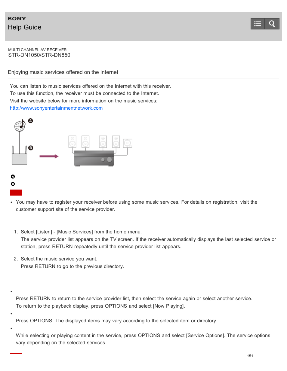 Enjoying music services offered on the internet, Help guide | Sony STR-DN1050 User Manual | Page 162 / 379