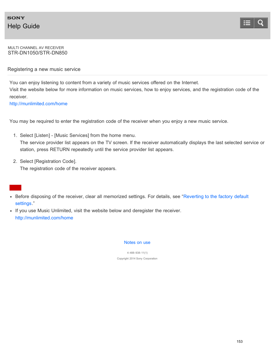 Registering a new music service, Help guide | Sony STR-DN1050 User Manual | Page 164 / 379