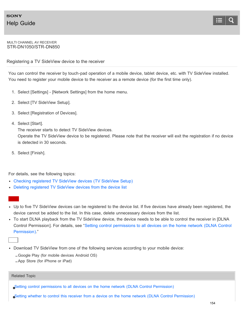 Registering a tv sideview device to the receiver, Help guide | Sony STR-DN1050 User Manual | Page 165 / 379