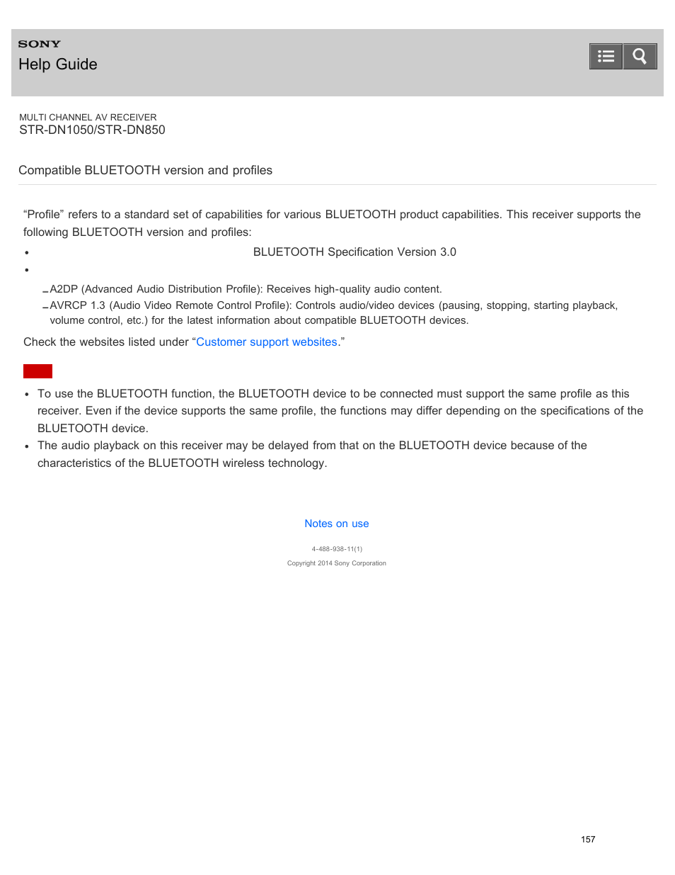 Compatible bluetooth version and profiles, Help guide | Sony STR-DN1050 User Manual | Page 168 / 379