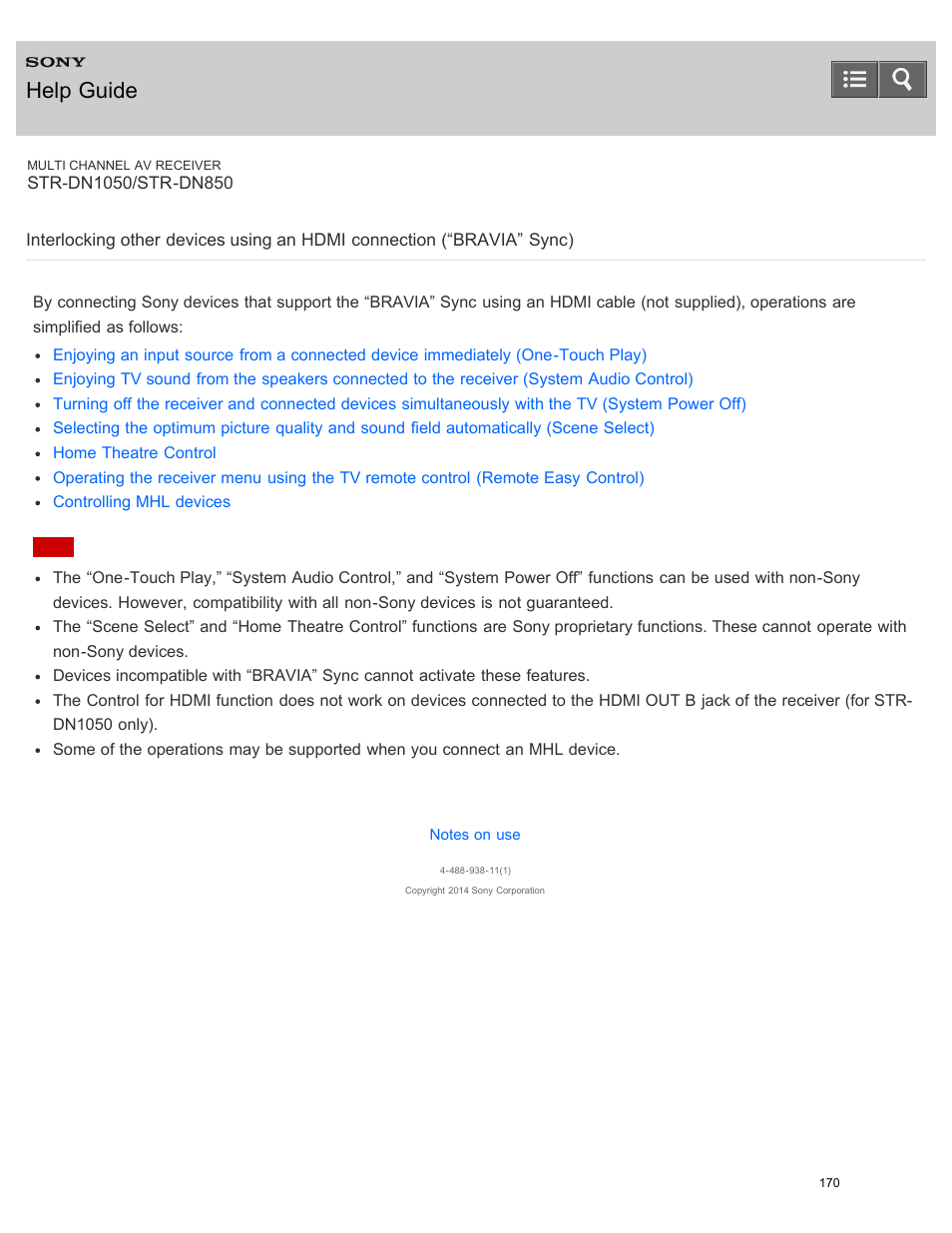 Interlocking other, Devices using an hdmi connection (“bravia” sync), Help guide | Sony STR-DN1050 User Manual | Page 181 / 379