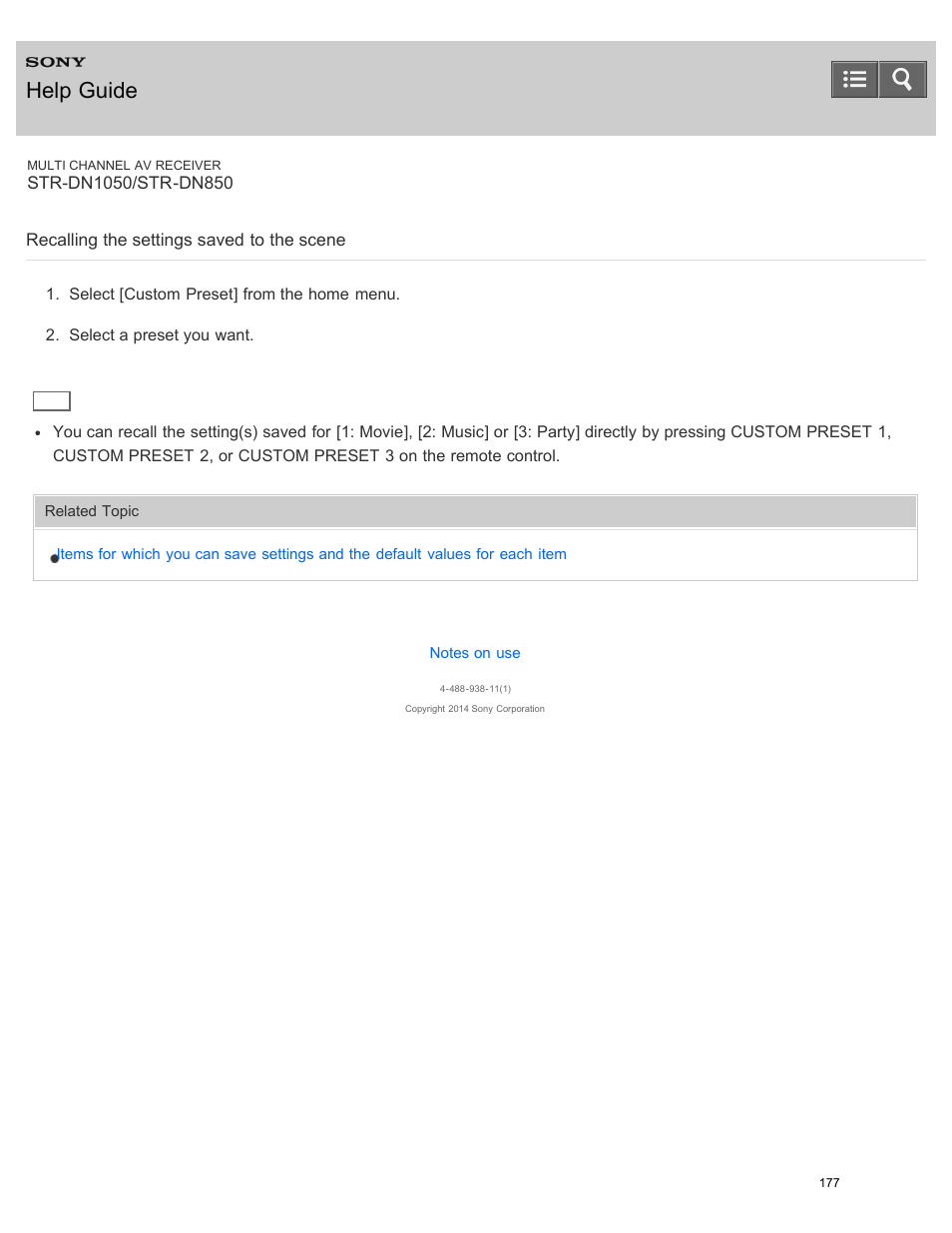 Recalling the settings saved to the scene, Help guide | Sony STR-DN1050 User Manual | Page 188 / 379