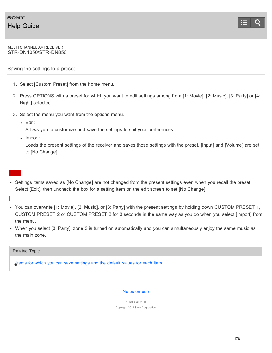 Saving the settings to a preset, Help guide | Sony STR-DN1050 User Manual | Page 189 / 379