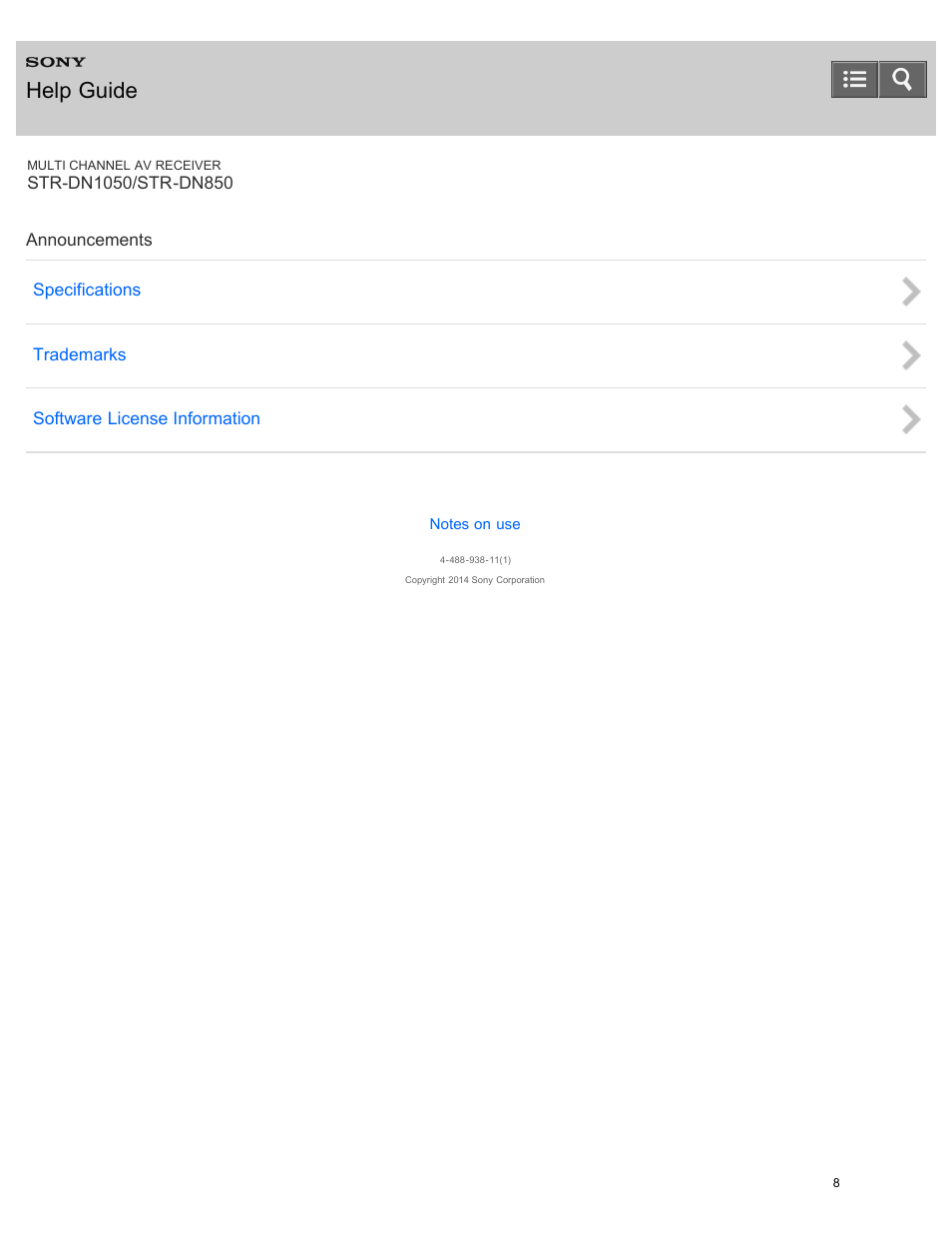 Announcements, Help guide | Sony STR-DN1050 User Manual | Page 19 / 379