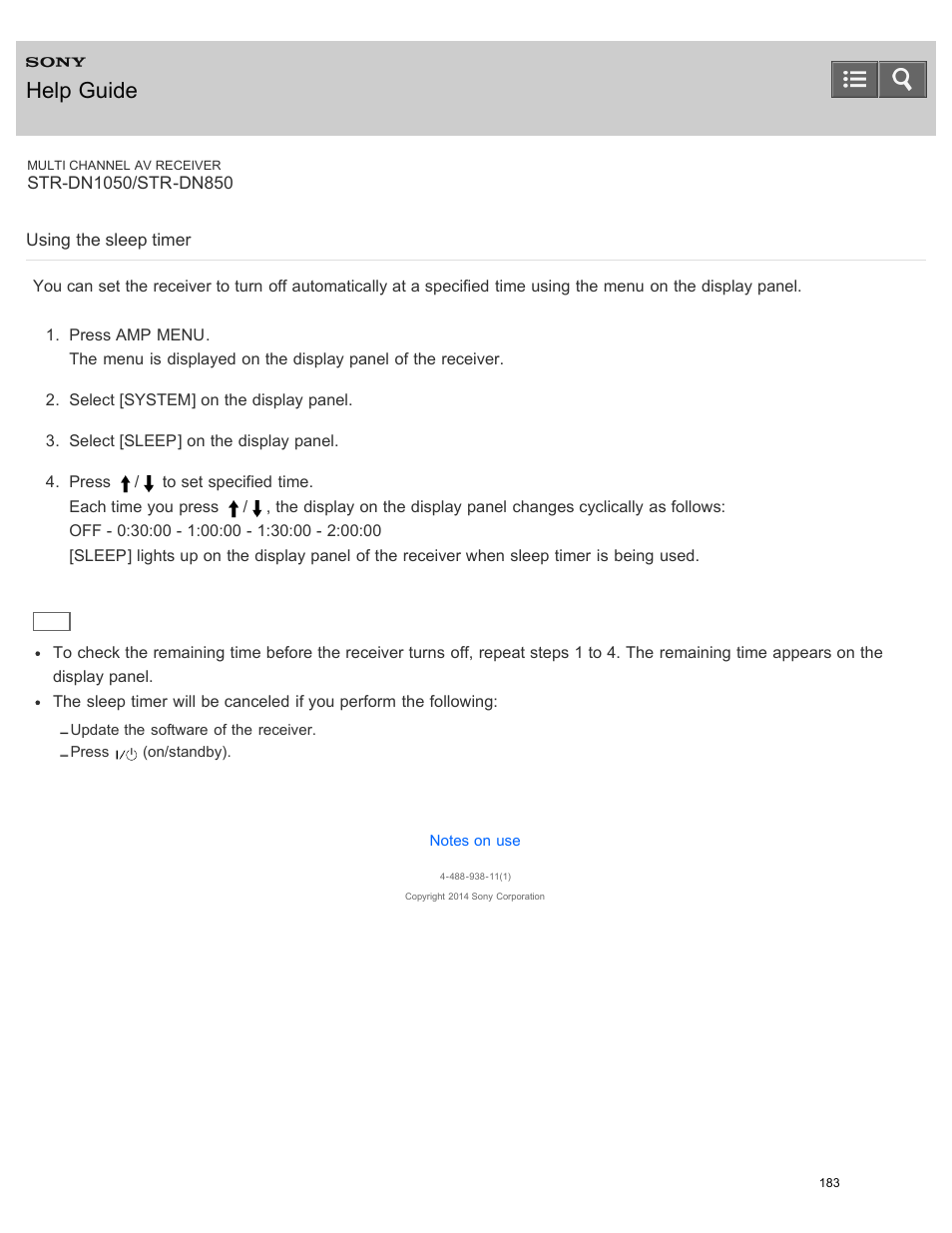 Using the sleep timer, Help guide | Sony STR-DN1050 User Manual | Page 194 / 379