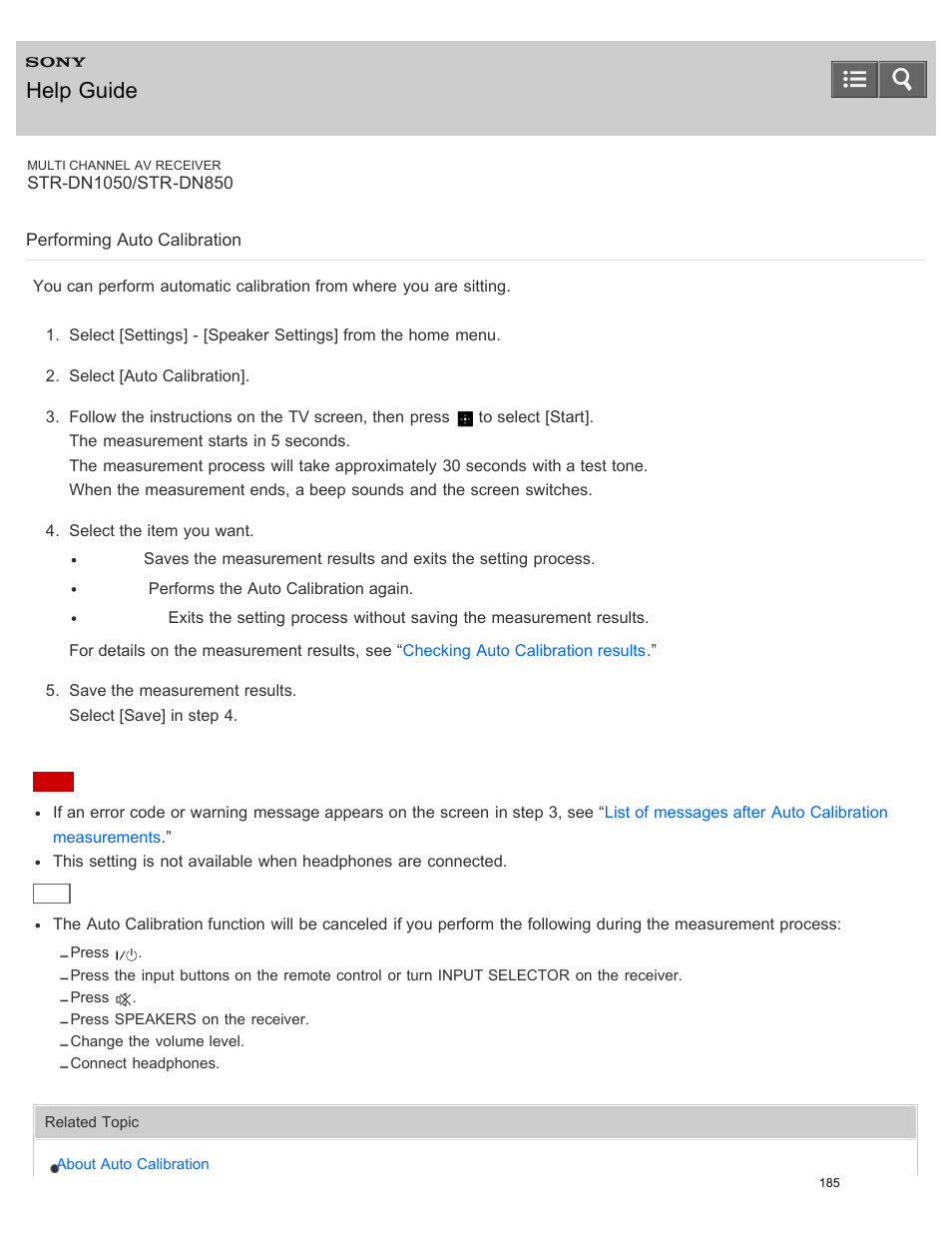 Performing auto calibration, Help guide | Sony STR-DN1050 User Manual | Page 196 / 379