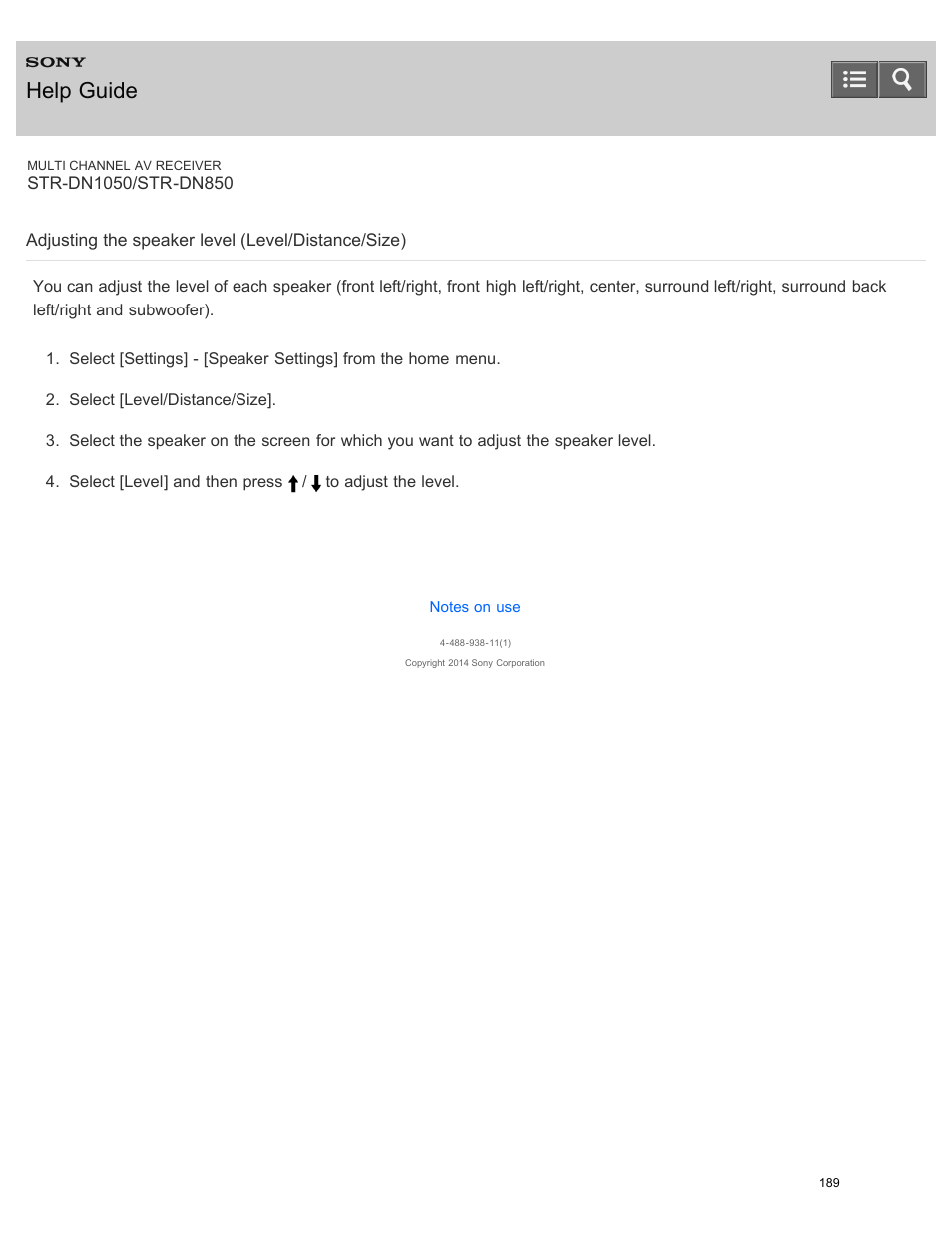 Adjusting the speaker level (level/distance/size), Help guide | Sony STR-DN1050 User Manual | Page 200 / 379