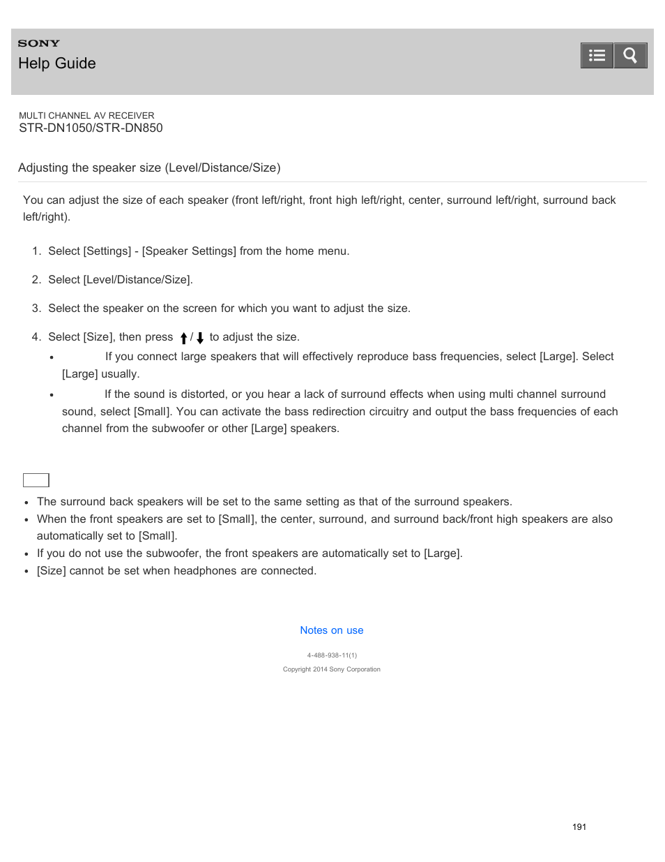 Adjusting the speaker size (level/distance/size), Help guide | Sony STR-DN1050 User Manual | Page 202 / 379