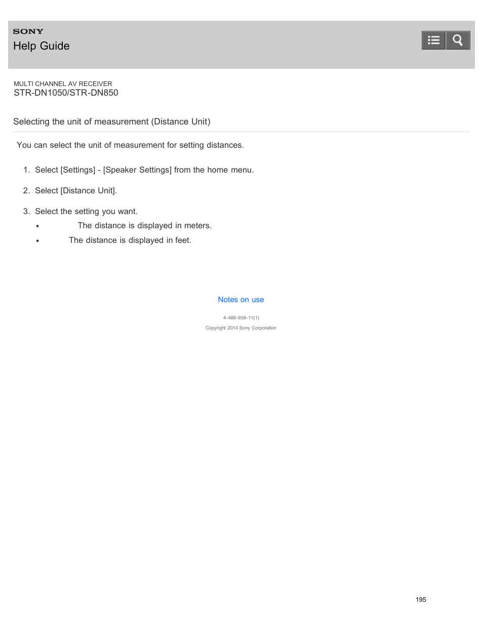 Selecting the unit of measurement (distance unit), Help guide | Sony STR-DN1050 User Manual | Page 206 / 379
