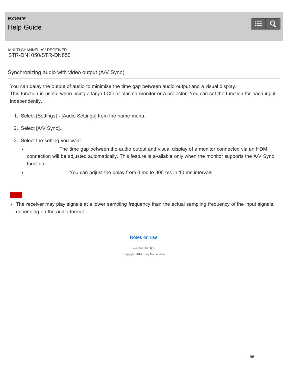 Synchronizing audio with video output (a/v sync), Help guide | Sony STR-DN1050 User Manual | Page 209 / 379