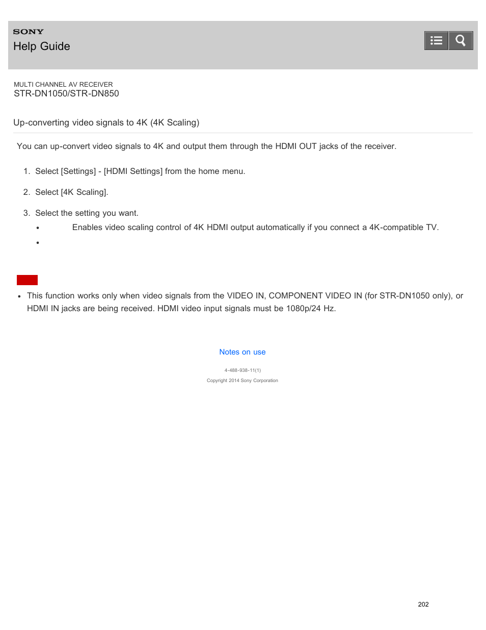 Up-converting video signals to 4k (4k scaling), Help guide | Sony STR-DN1050 User Manual | Page 213 / 379