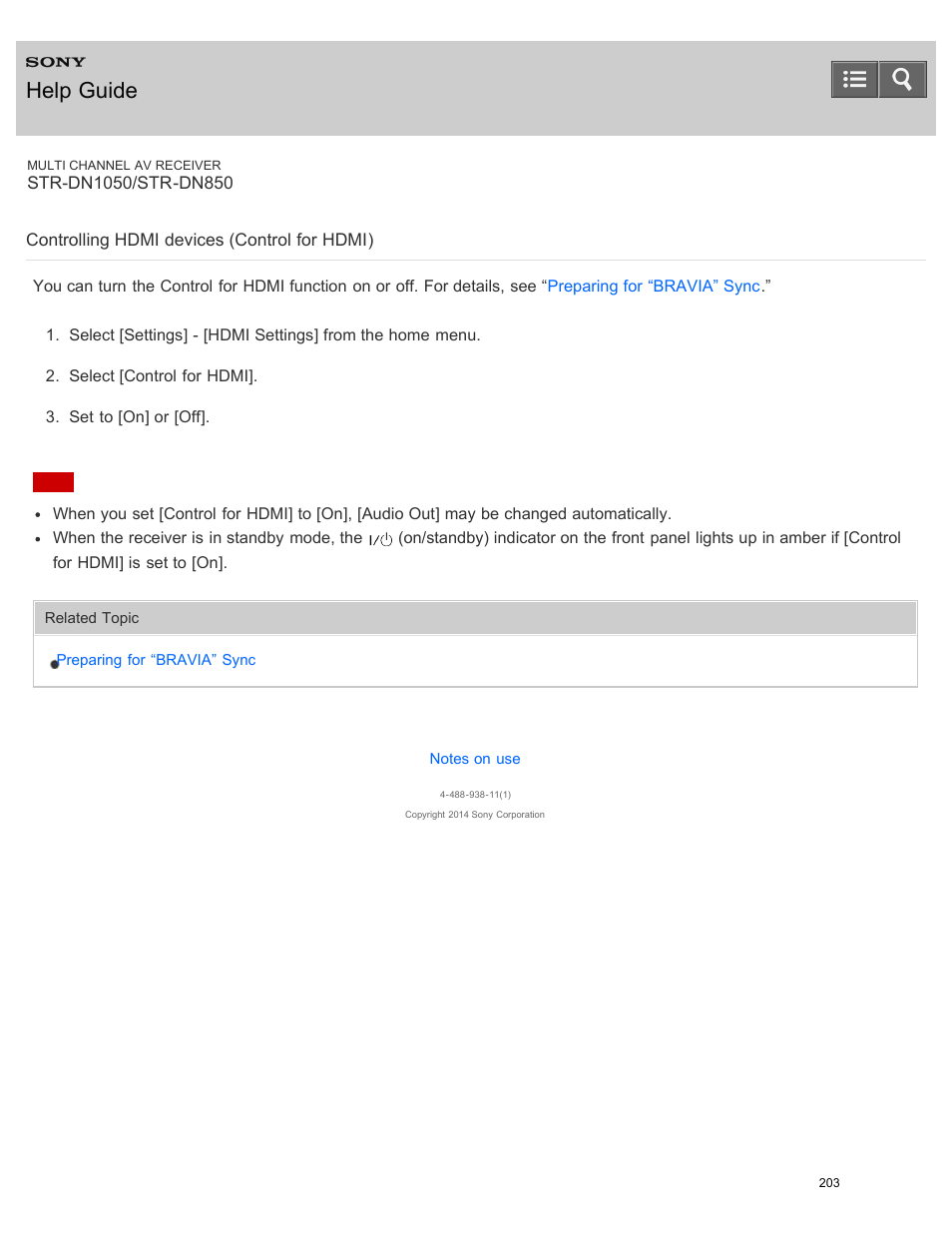 Controlling hdmi devices (control for hdmi), Help guide | Sony STR-DN1050 User Manual | Page 214 / 379