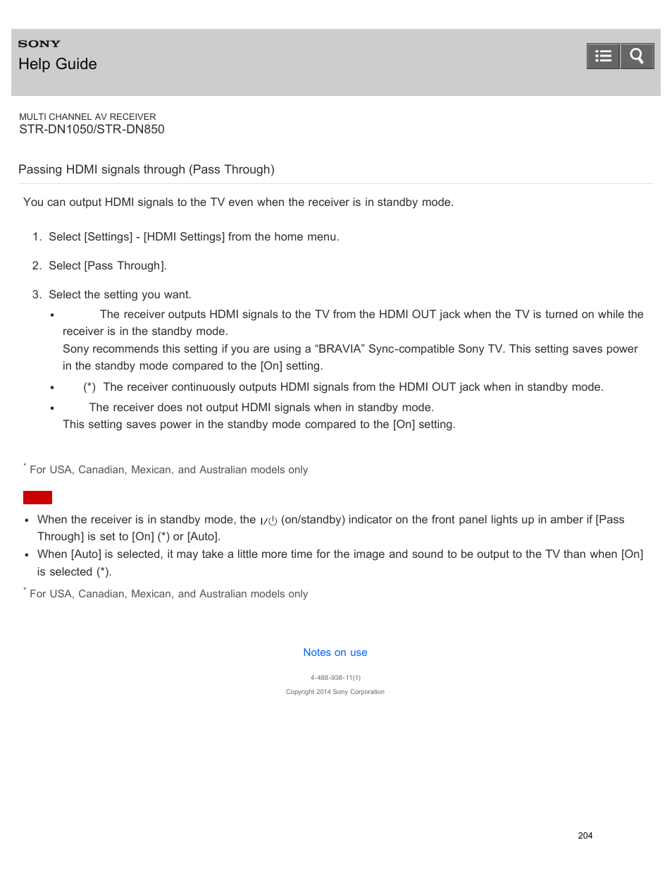 Passing hdmi signals through (pass through), Help guide | Sony STR-DN1050 User Manual | Page 215 / 379