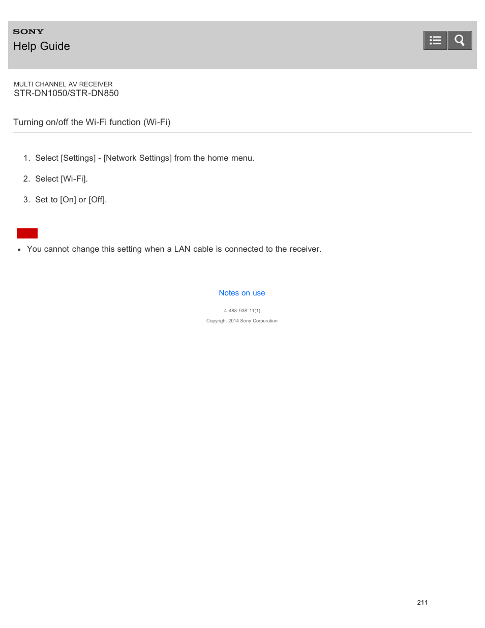 Turning on/off the wi-fi function (wi-fi), Help guide | Sony STR-DN1050 User Manual | Page 222 / 379