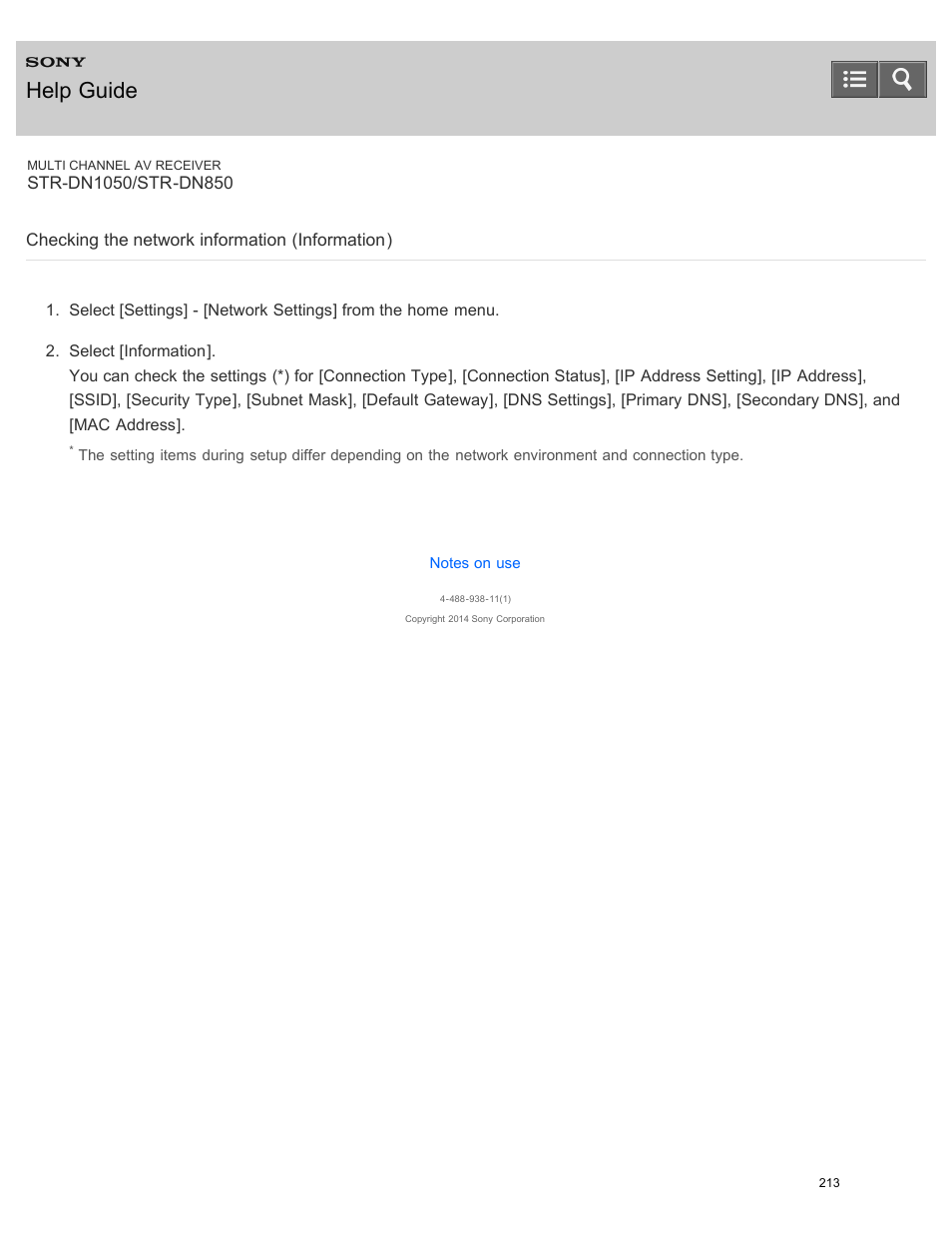 Checking the network information (information), Help guide | Sony STR-DN1050 User Manual | Page 224 / 379
