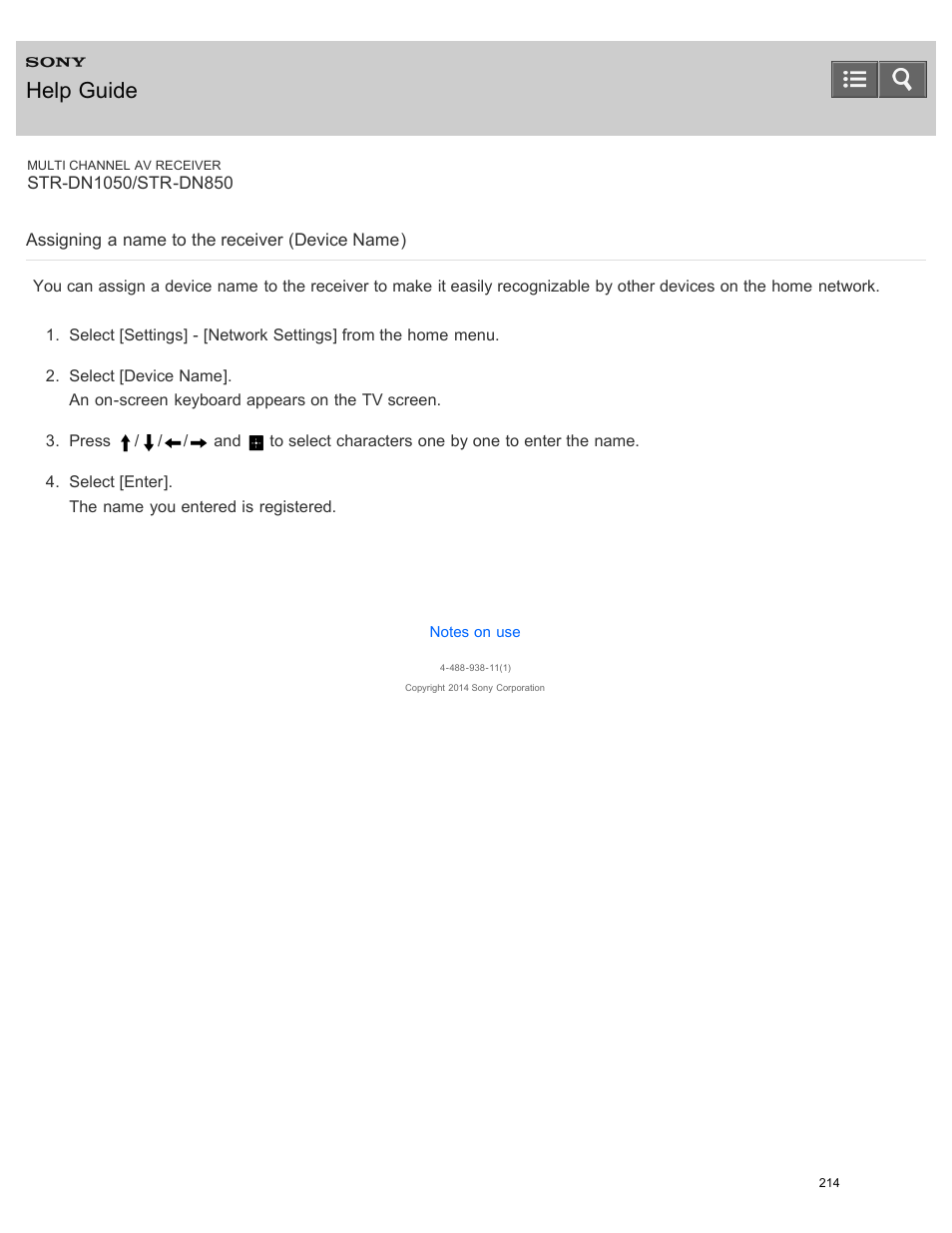 Assigning a name to the receiver (device name), Assigning, A name to the receiver (device name) | Help guide | Sony STR-DN1050 User Manual | Page 225 / 379