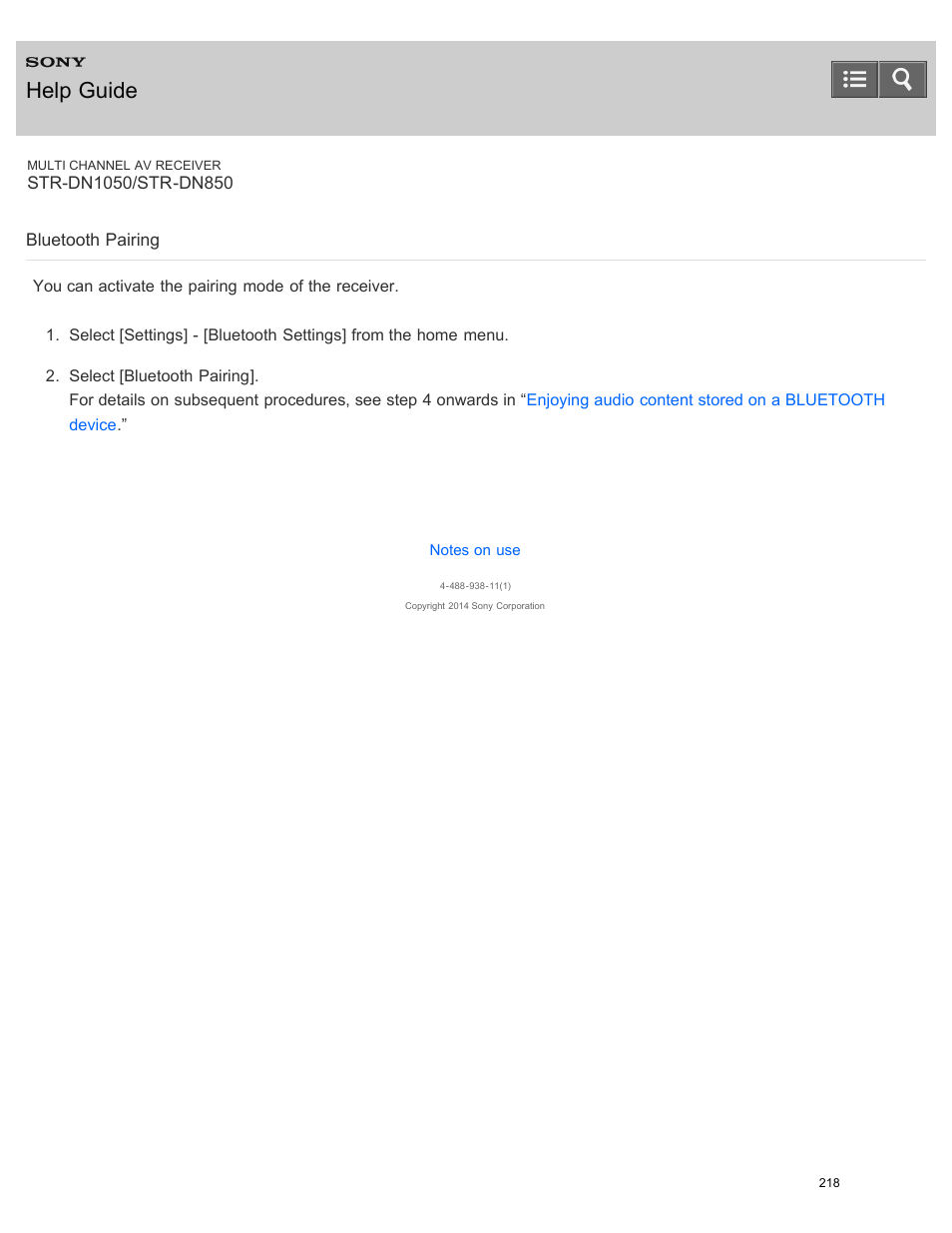Bluetooth pairing, Help guide | Sony STR-DN1050 User Manual | Page 229 / 379