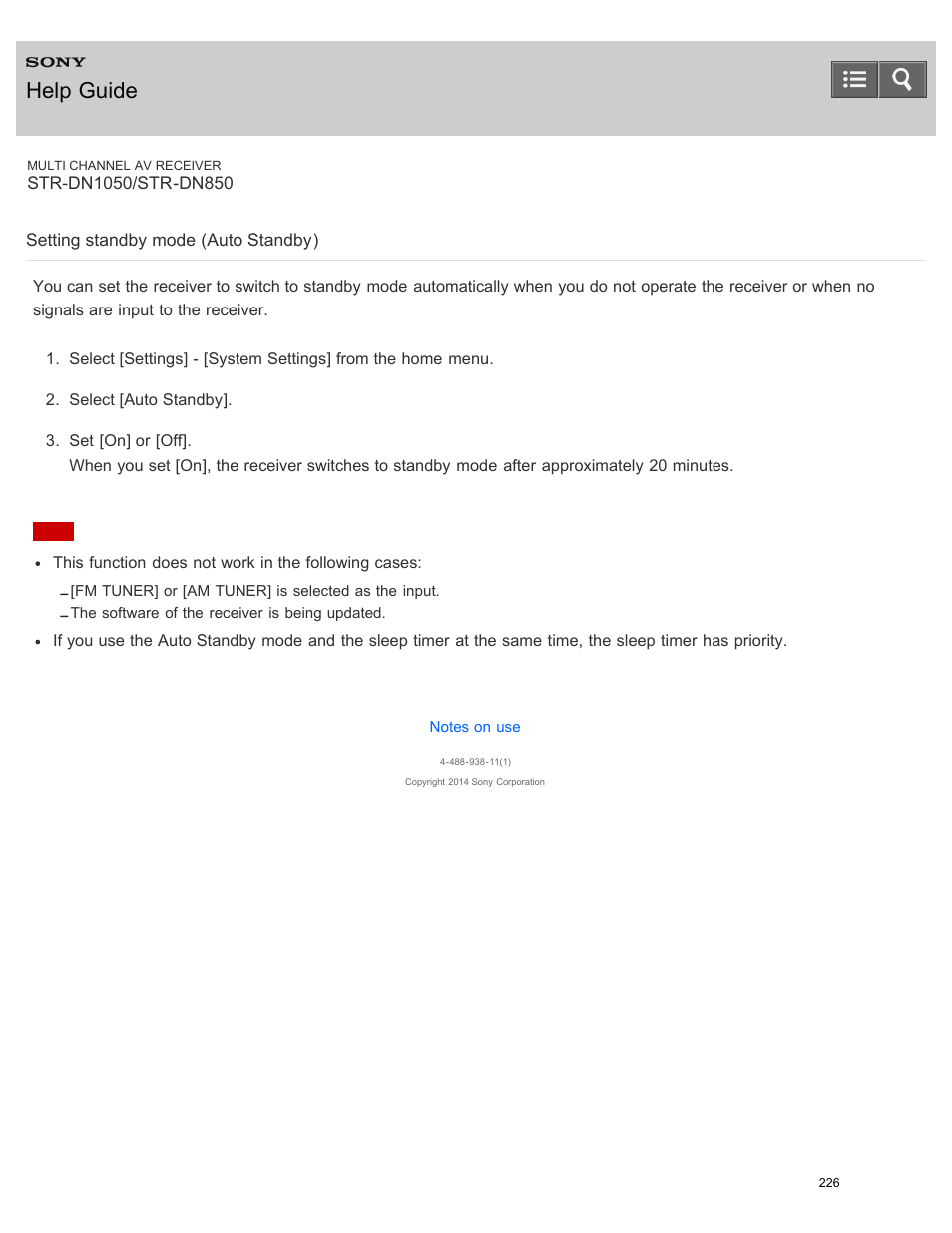Setting standby mode (auto standby), Help guide | Sony STR-DN1050 User Manual | Page 237 / 379