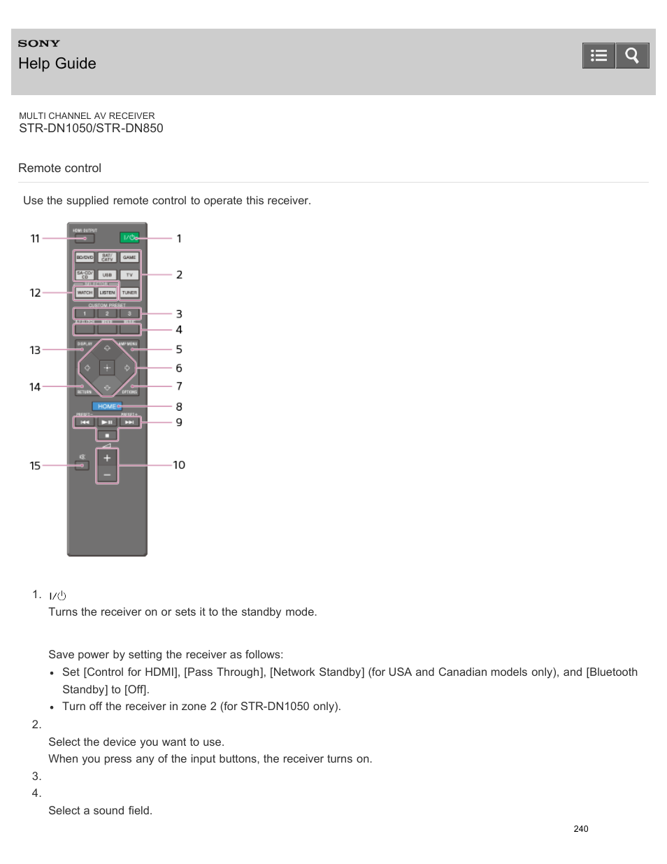 Remote control, Help guide | Sony STR-DN1050 User Manual | Page 251 / 379