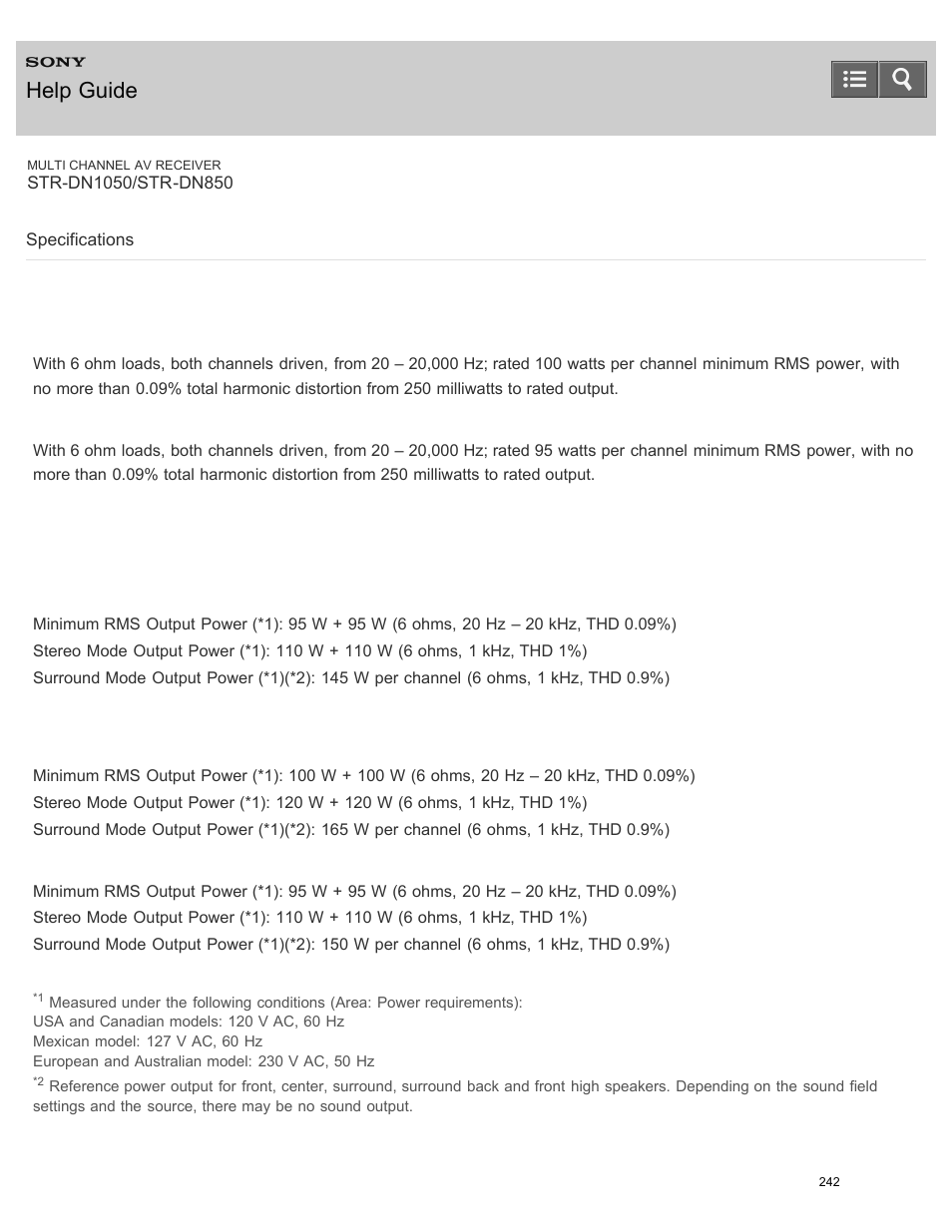 Specifications, Help guide | Sony STR-DN1050 User Manual | Page 253 / 379