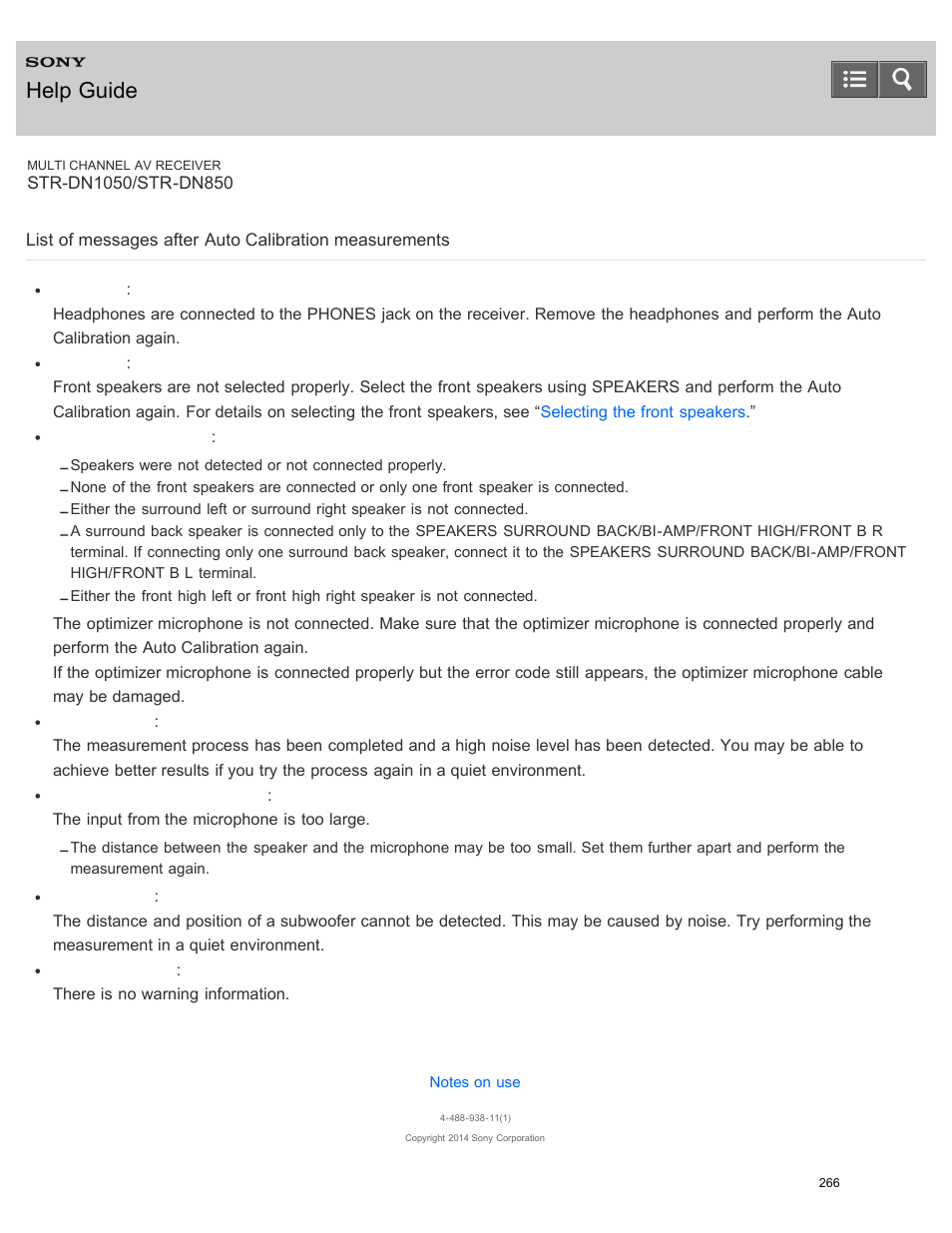 List of messages after auto calibration, Measurements, Help guide | Sony STR-DN1050 User Manual | Page 277 / 379