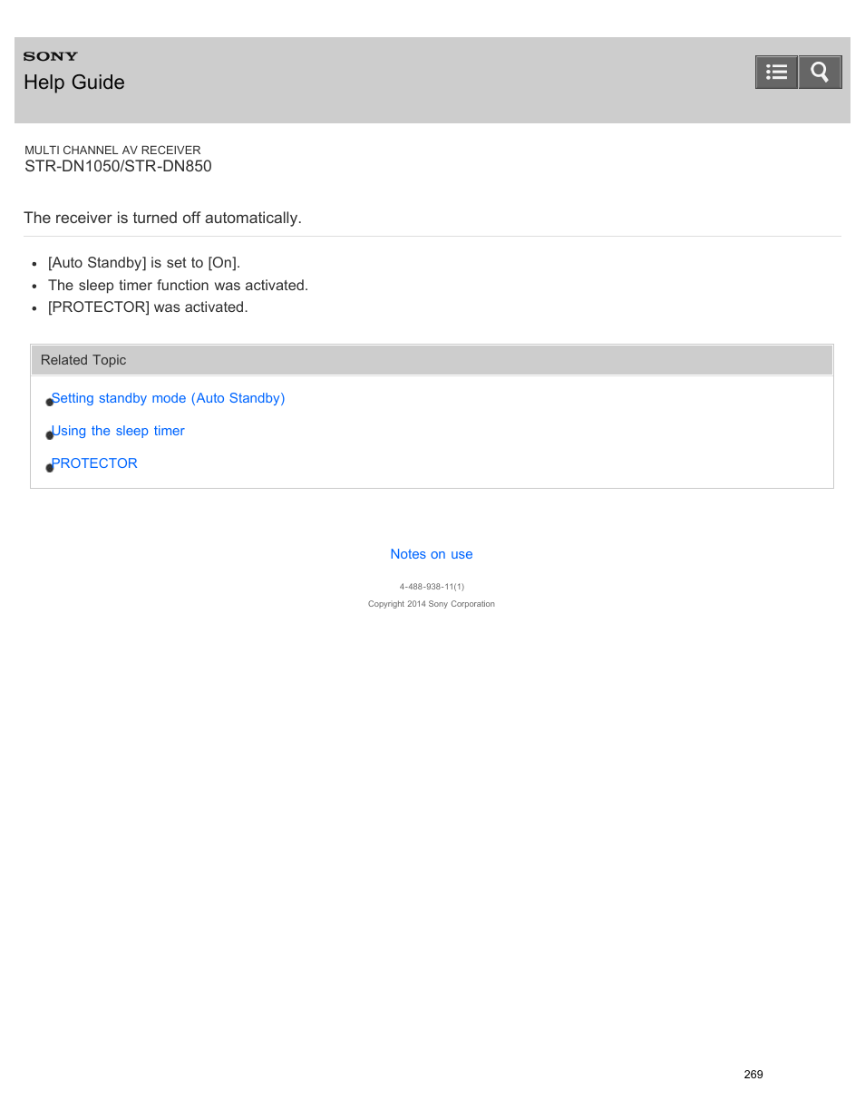 The receiver is turned off automatically, Help guide | Sony STR-DN1050 User Manual | Page 280 / 379