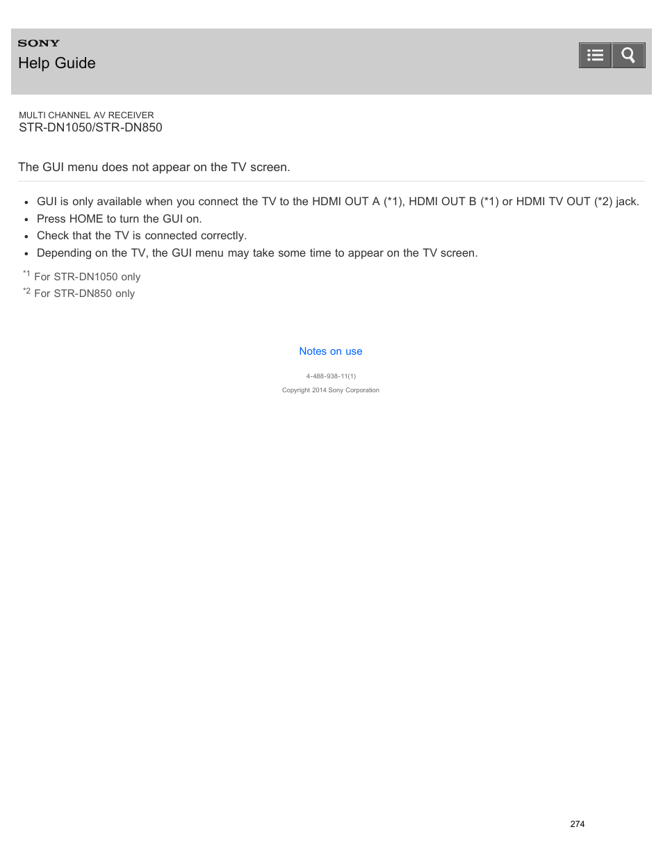 The gui menu does not appear on the tv screen, Help guide | Sony STR-DN1050 User Manual | Page 285 / 379