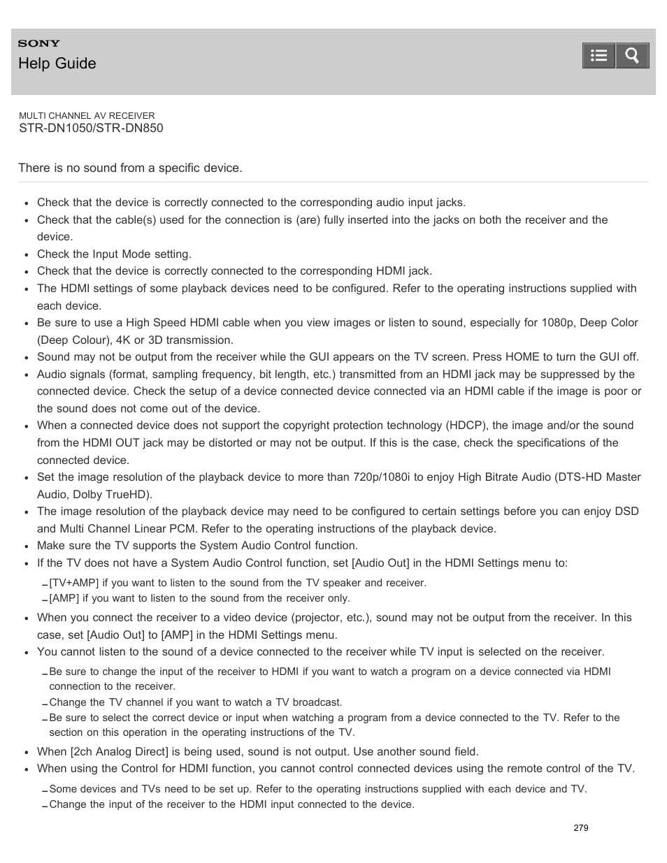 There is no sound from a specific device, Help guide | Sony STR-DN1050 User Manual | Page 290 / 379