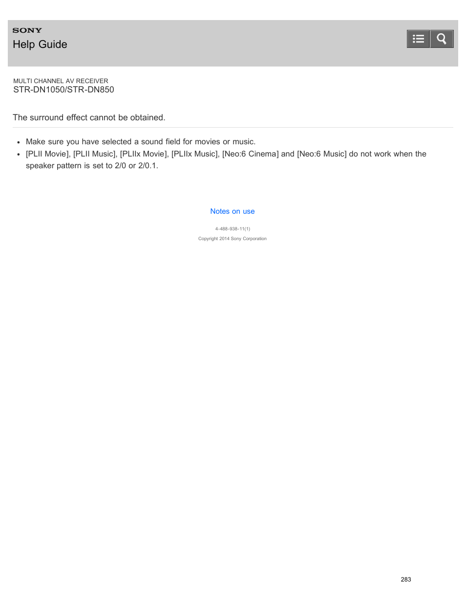 The surround effect cannot be obtained, Help guide | Sony STR-DN1050 User Manual | Page 294 / 379