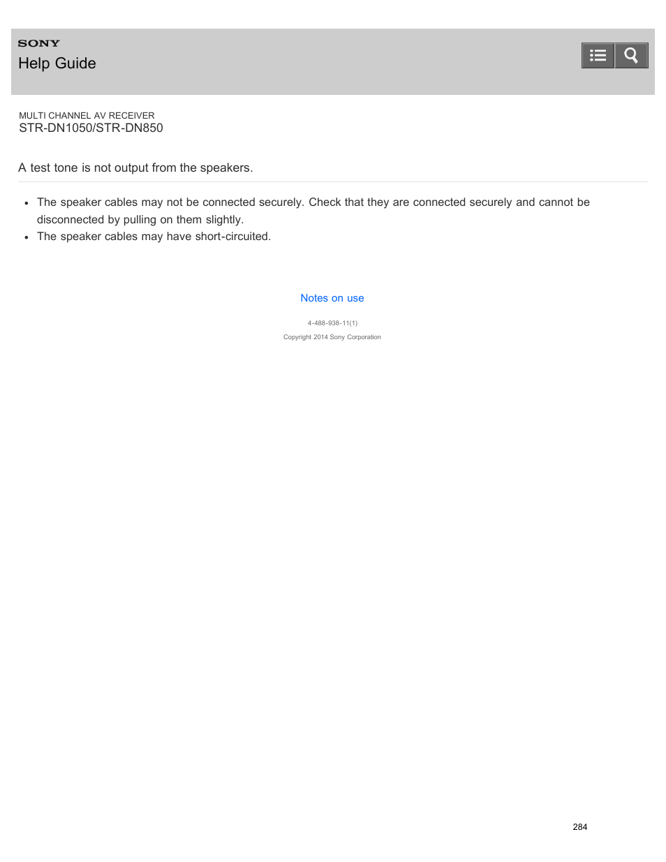 A test tone is not output from the speakers, Help guide | Sony STR-DN1050 User Manual | Page 295 / 379