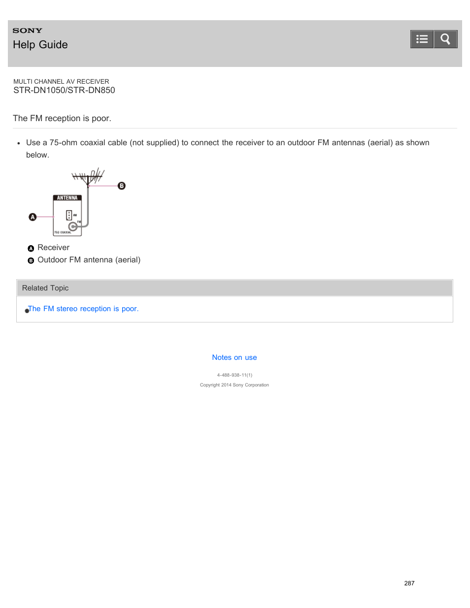 The fm reception is poor, Help guide | Sony STR-DN1050 User Manual | Page 298 / 379