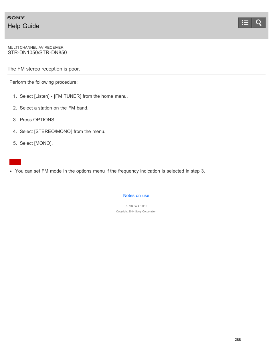 The fm stereo reception is poor, Help guide | Sony STR-DN1050 User Manual | Page 299 / 379