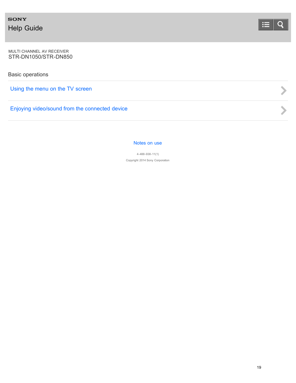 Basic operations, Help guide | Sony STR-DN1050 User Manual | Page 30 / 379